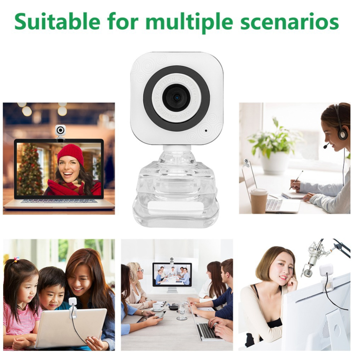 Collage zeigt Webcam-Nutzung in verschiedenen Umgebungen: Videoanrufe, Online-Meetings, Bildung.