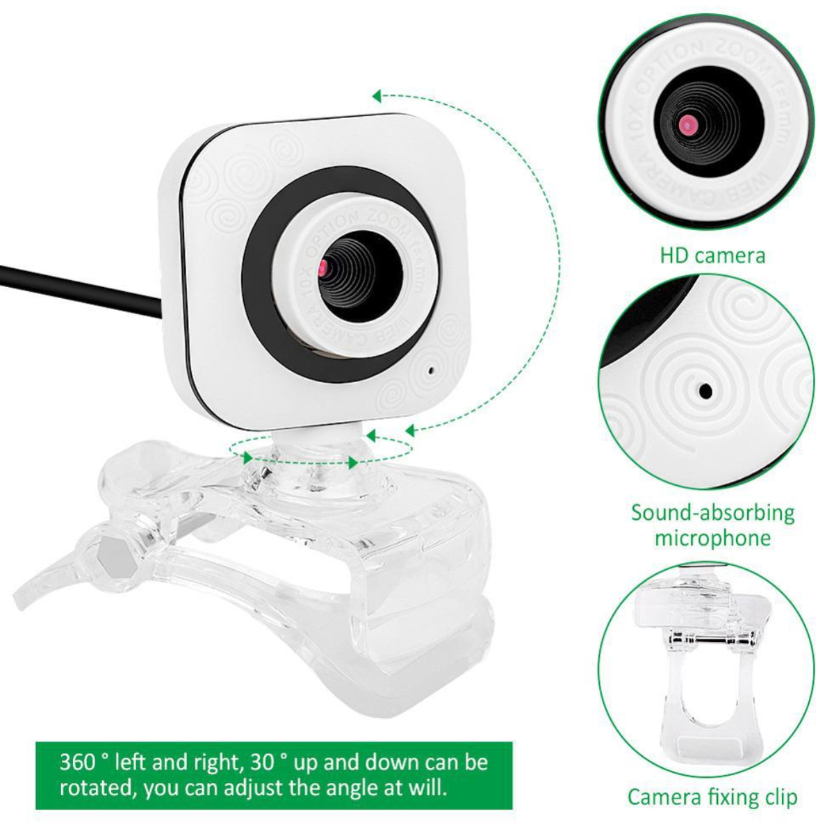 Weiße Webcam mit klarem Clip, HD-Kamera, geräuschabsorbierendem Mikrofon.