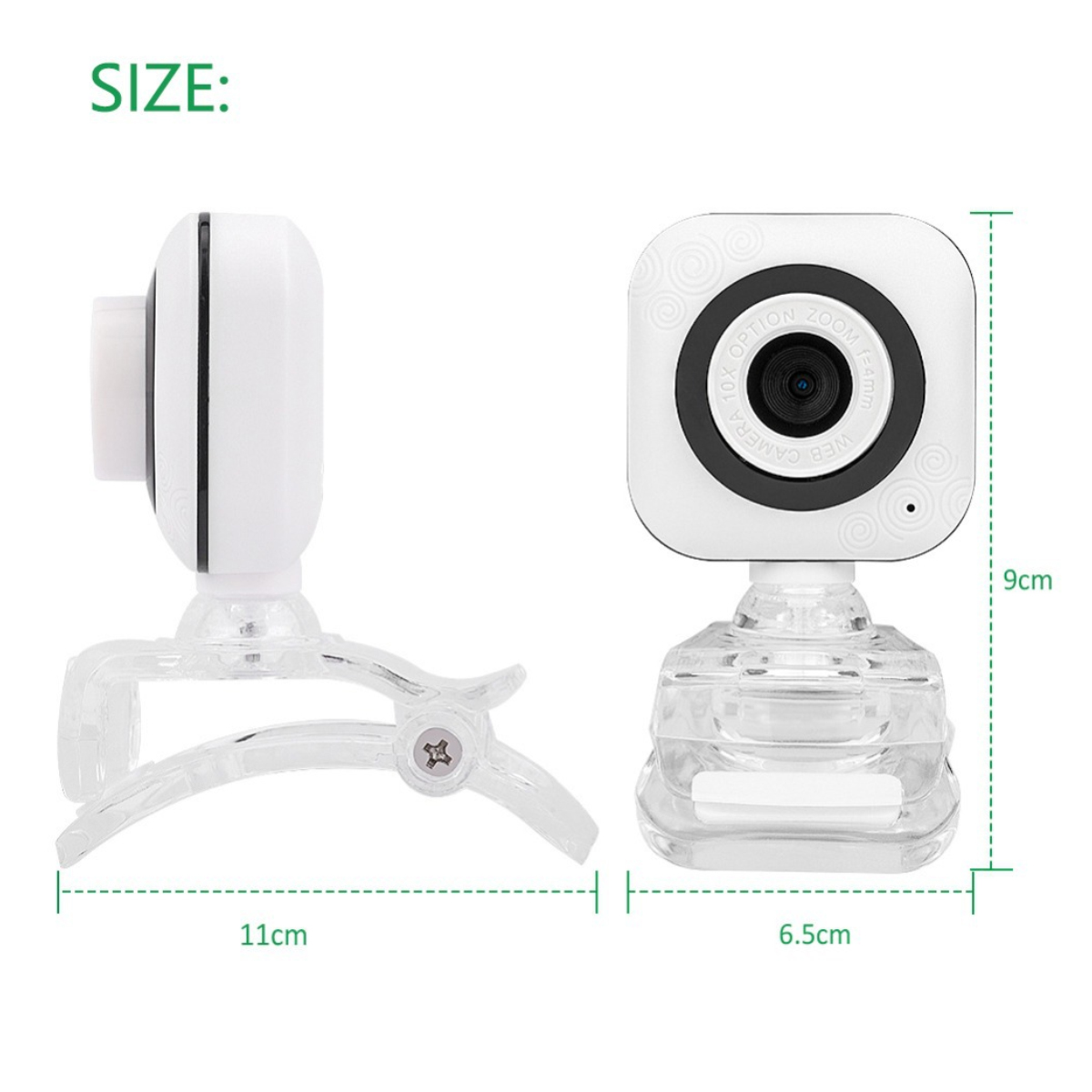Weiße Webcam mit Clip und transparentem Sockel, Maße angegeben.
