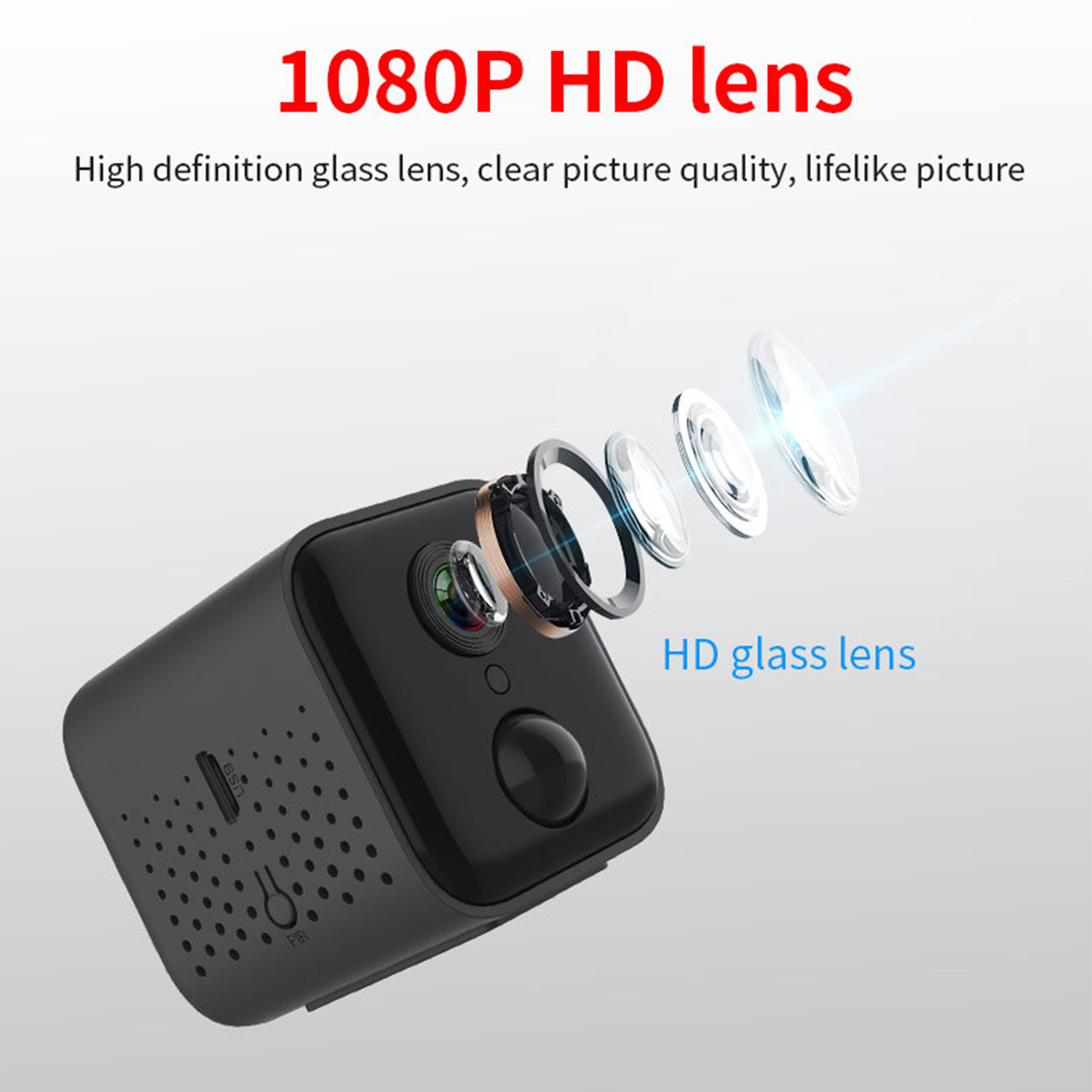Kompakte schwarze Kamera mit entfernter HD-Linse und mehreren Linsen.