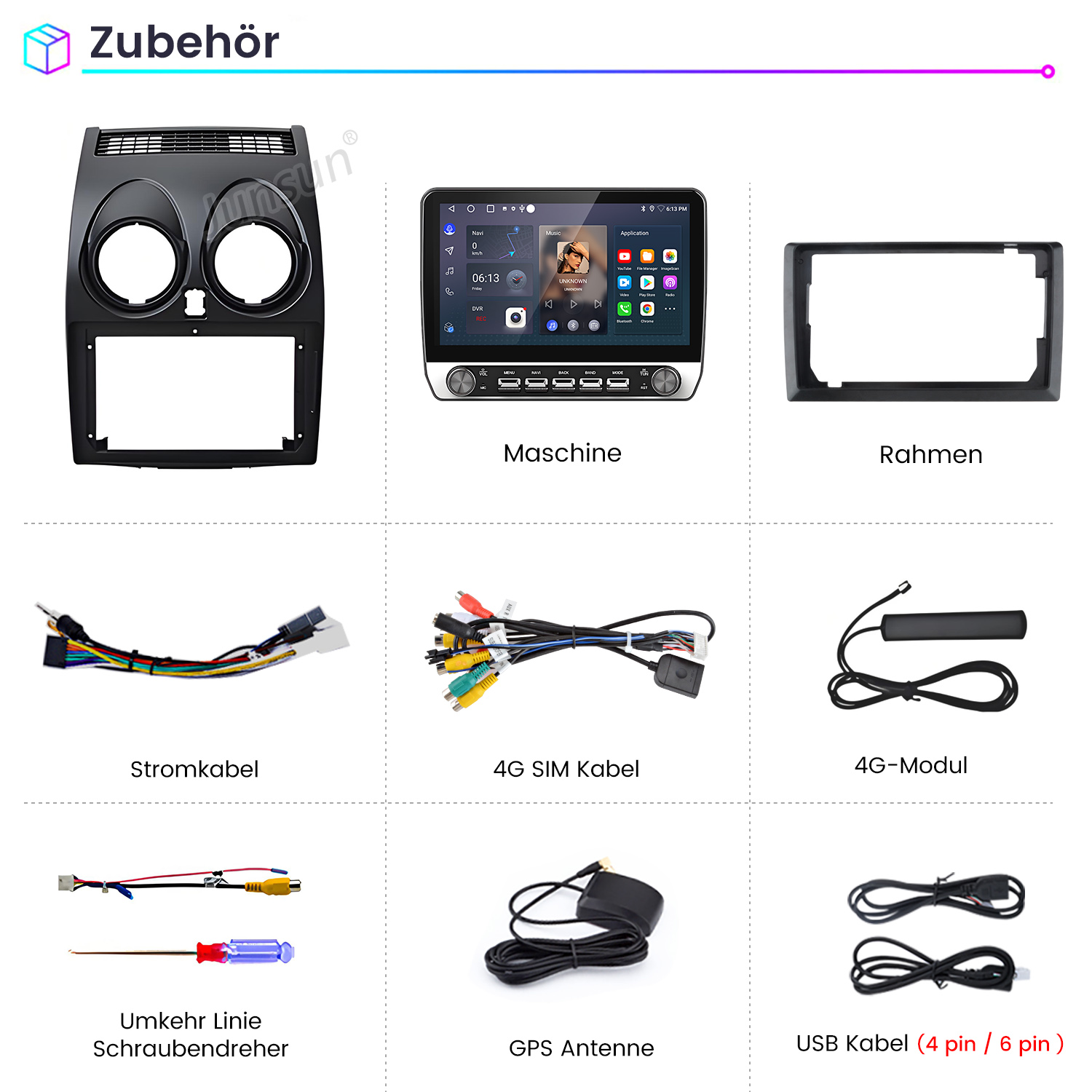 Zubehör: Armaturenbrettblende, Infotainment-Einheit, Rahmen, Kabel, 4G-Modul, Schraubendreher, Antenne, USB-Kabel.