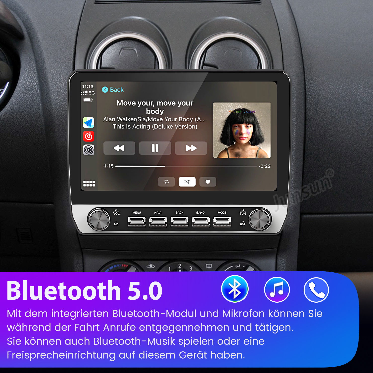 Auto-Infotainmentsystem mit Touchscreen zeigt Musikwiedergabe und Bluetooth-Info.
