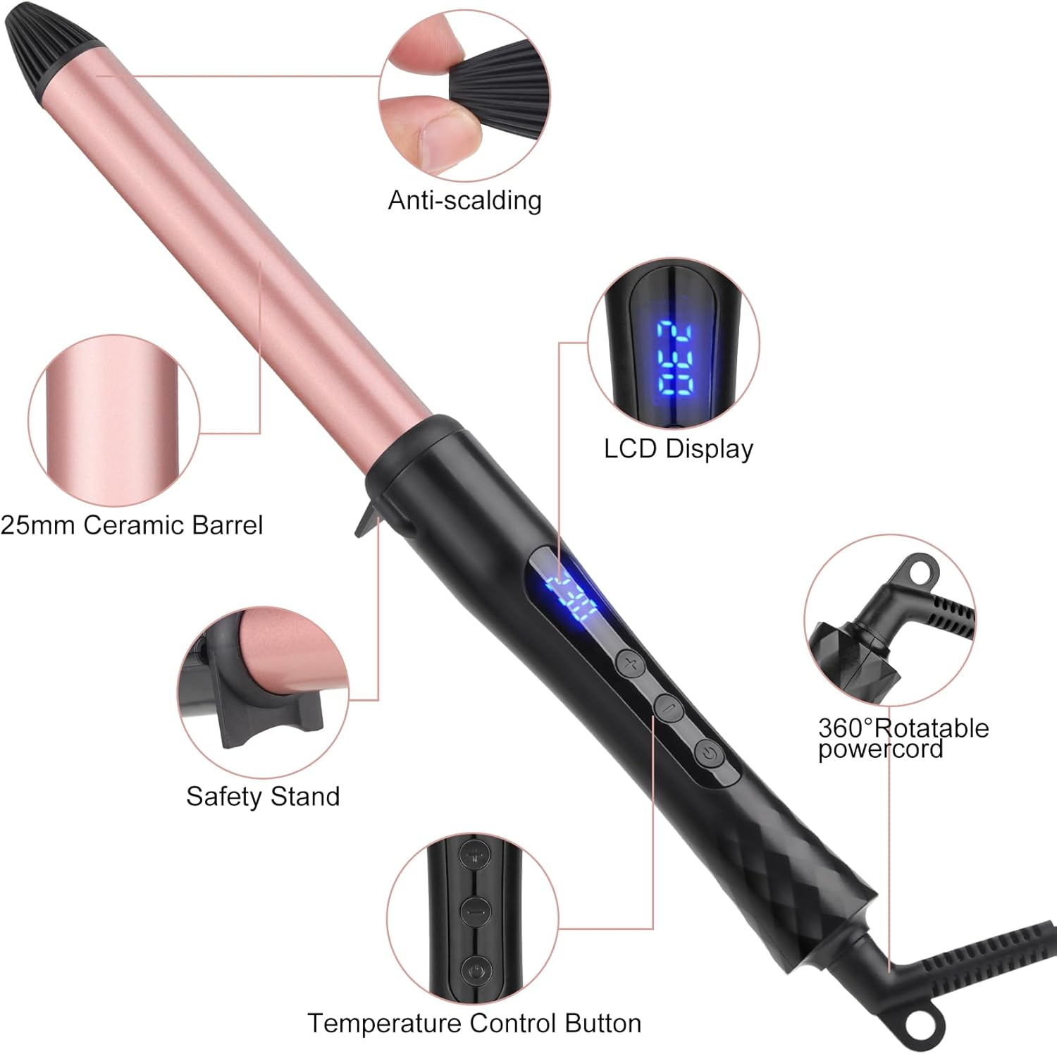 Ein roségoldener Lockenstab mit schwarzem Griff, LCD-Anzeige und Sicherheitsständer.