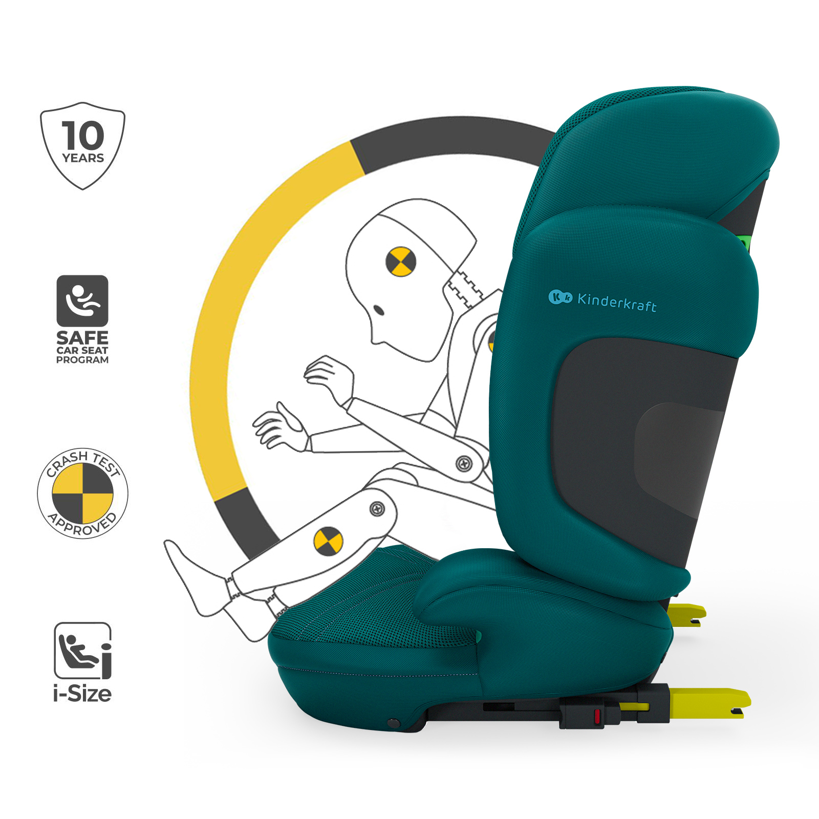 Ein Kindersitz in Türkis mit Crash-Test-Symbolen und einem Dummy.