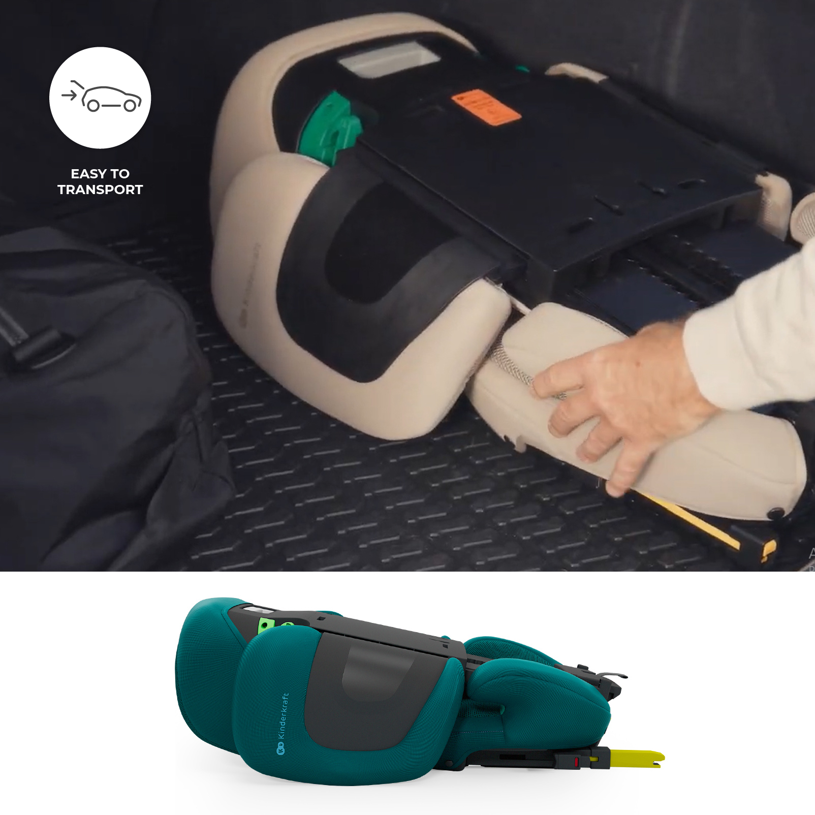 Ein beiger Kindersitz wird in einen Kofferraum gelegt. Unten ein tealfarbener Sitz.