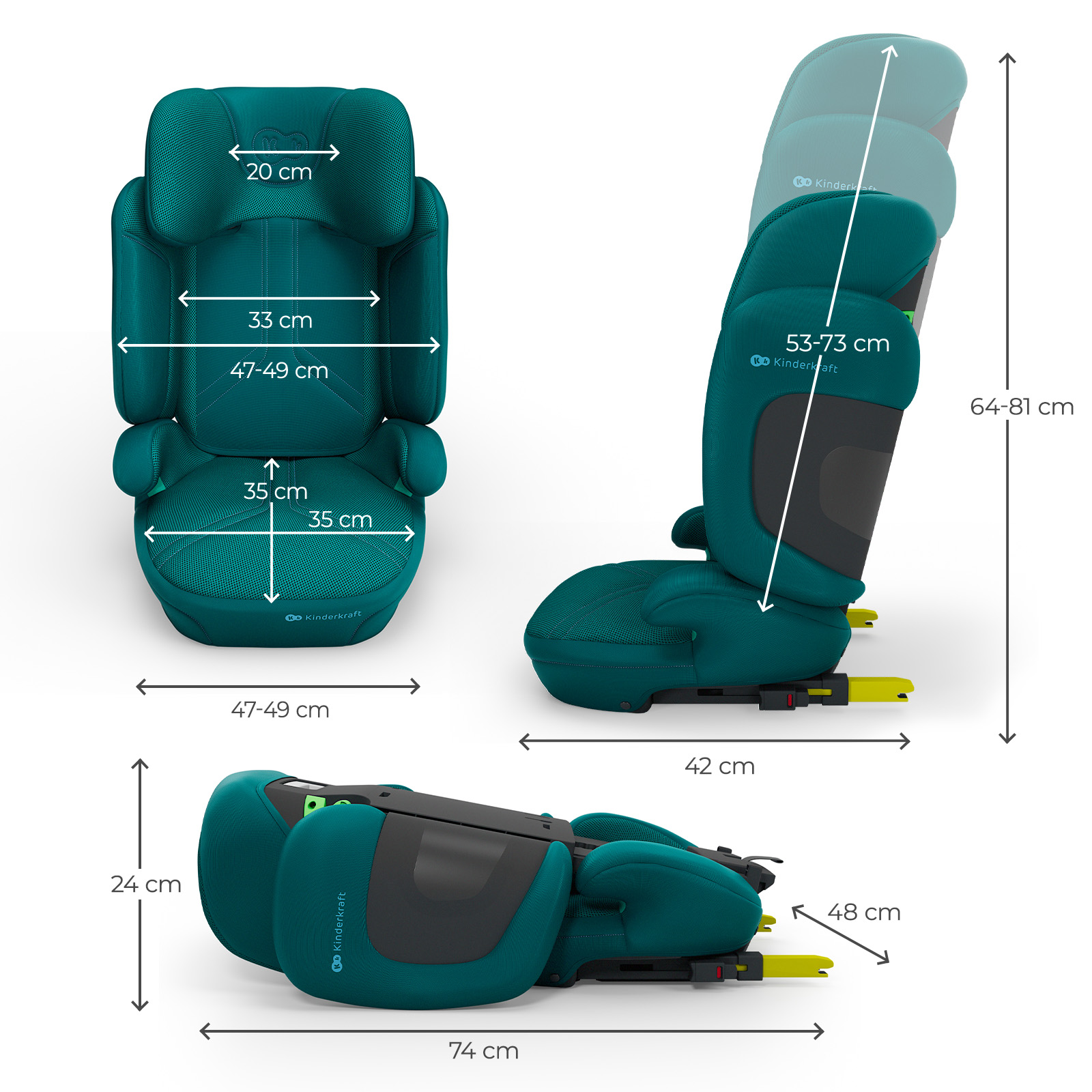 Asiento de coche turquesa con medidas de ancho y alto, mostrado montado y plegado.