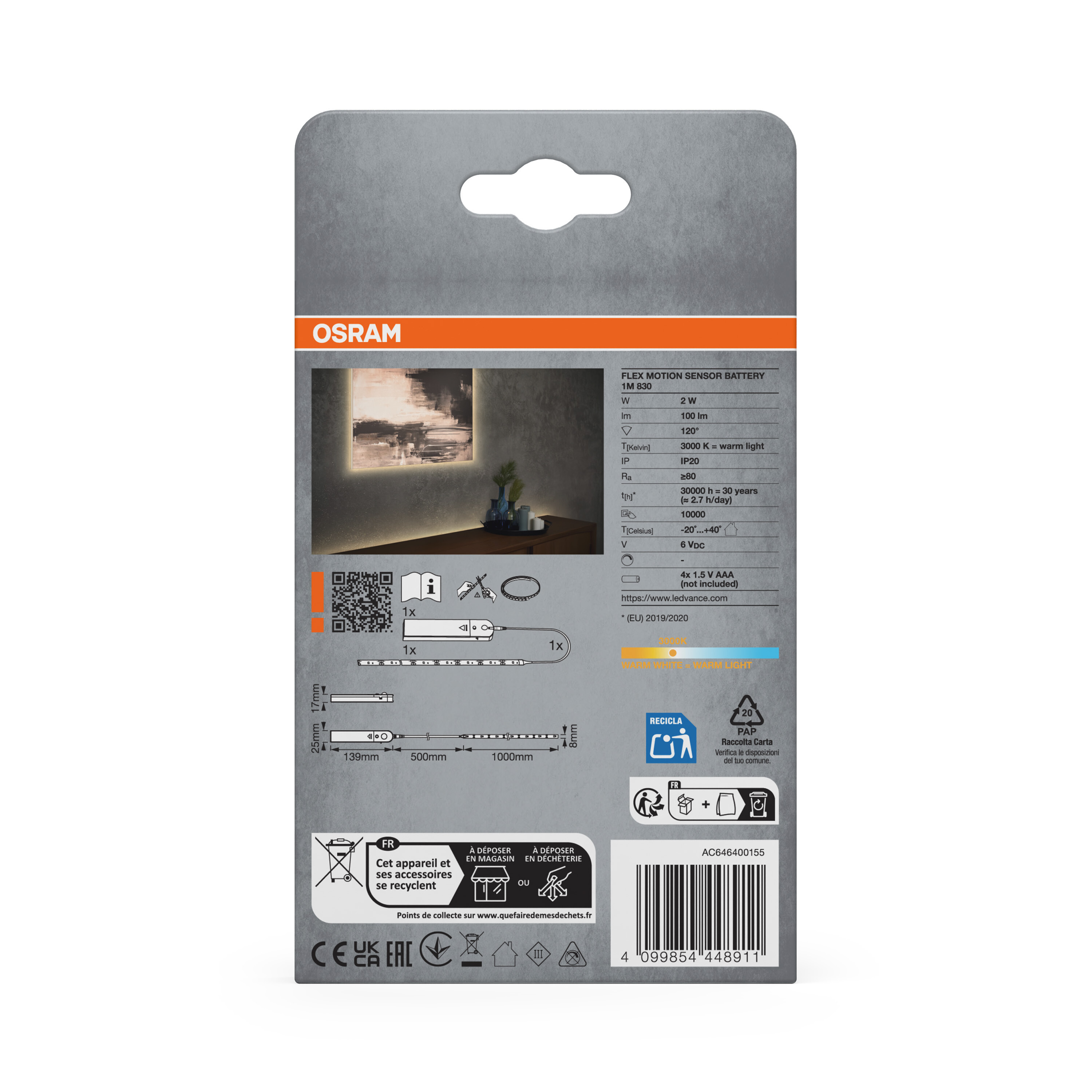 OSRAM Flex Motion Sensor Akku 1M 830 Verpackung mit technischen Daten und Abbildungen.