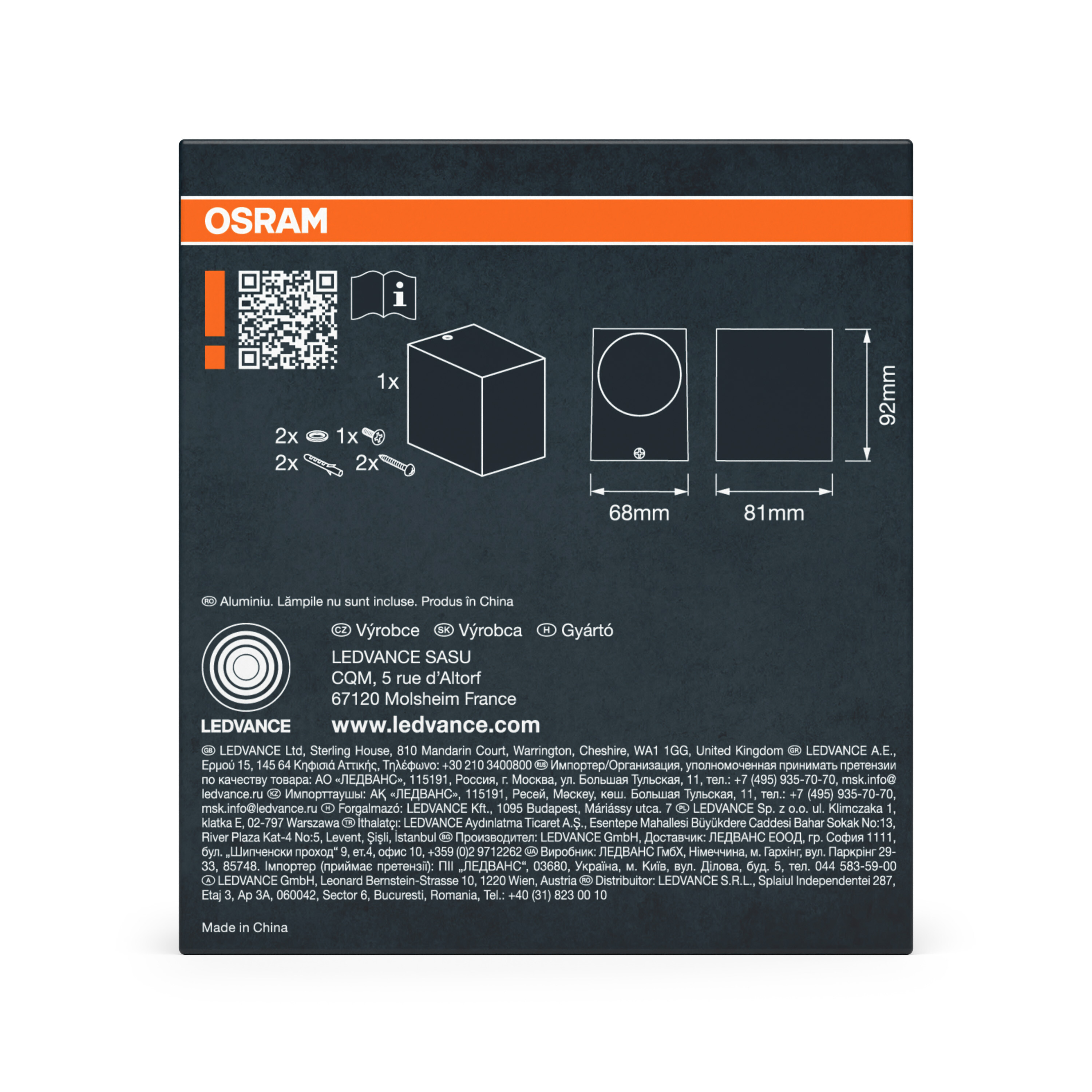 OSRAM-Verpackung mit Produktinformationen, QR-Code und Maßen.
