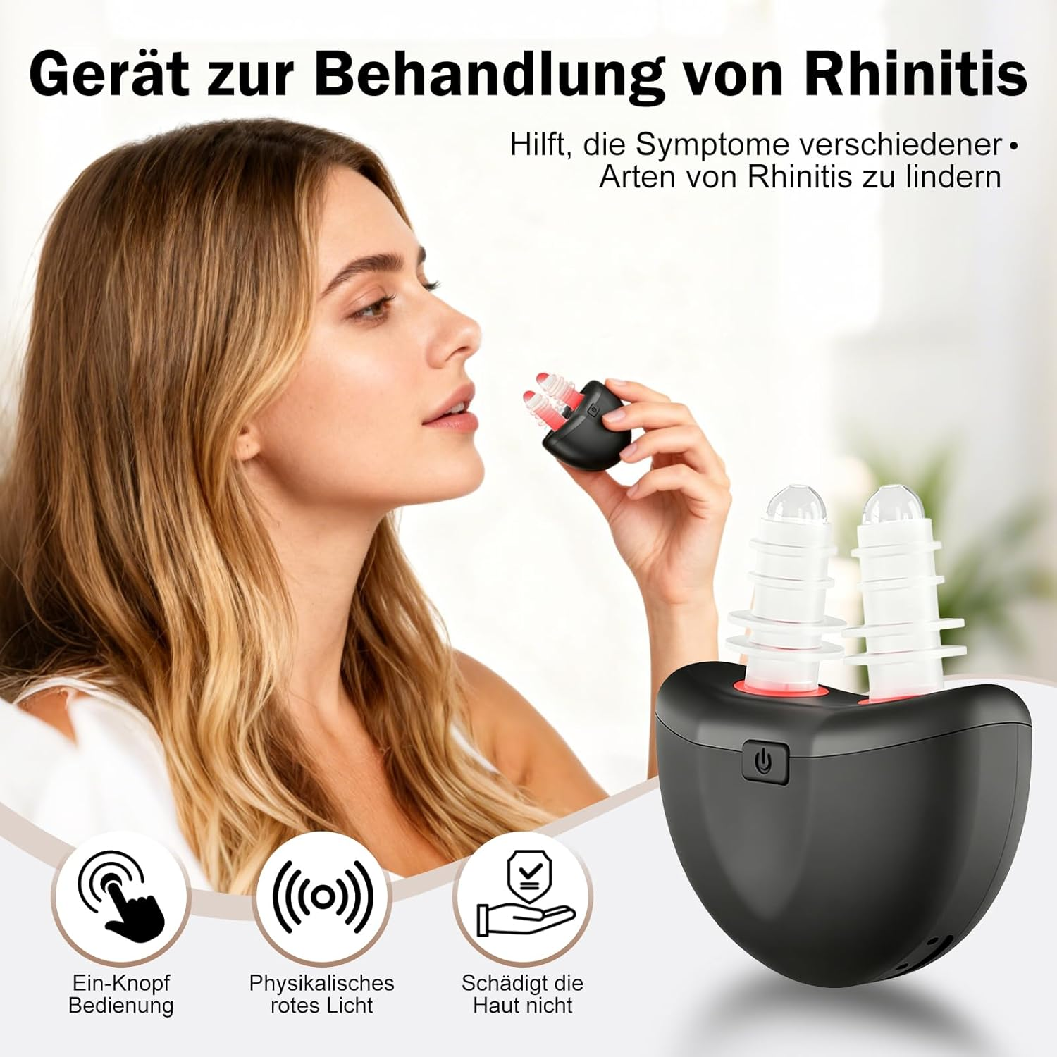 Frau benutzt ein Nasenbehandlungsgerät mit roten Lichtern und Symbolen für einfache Bedienung.