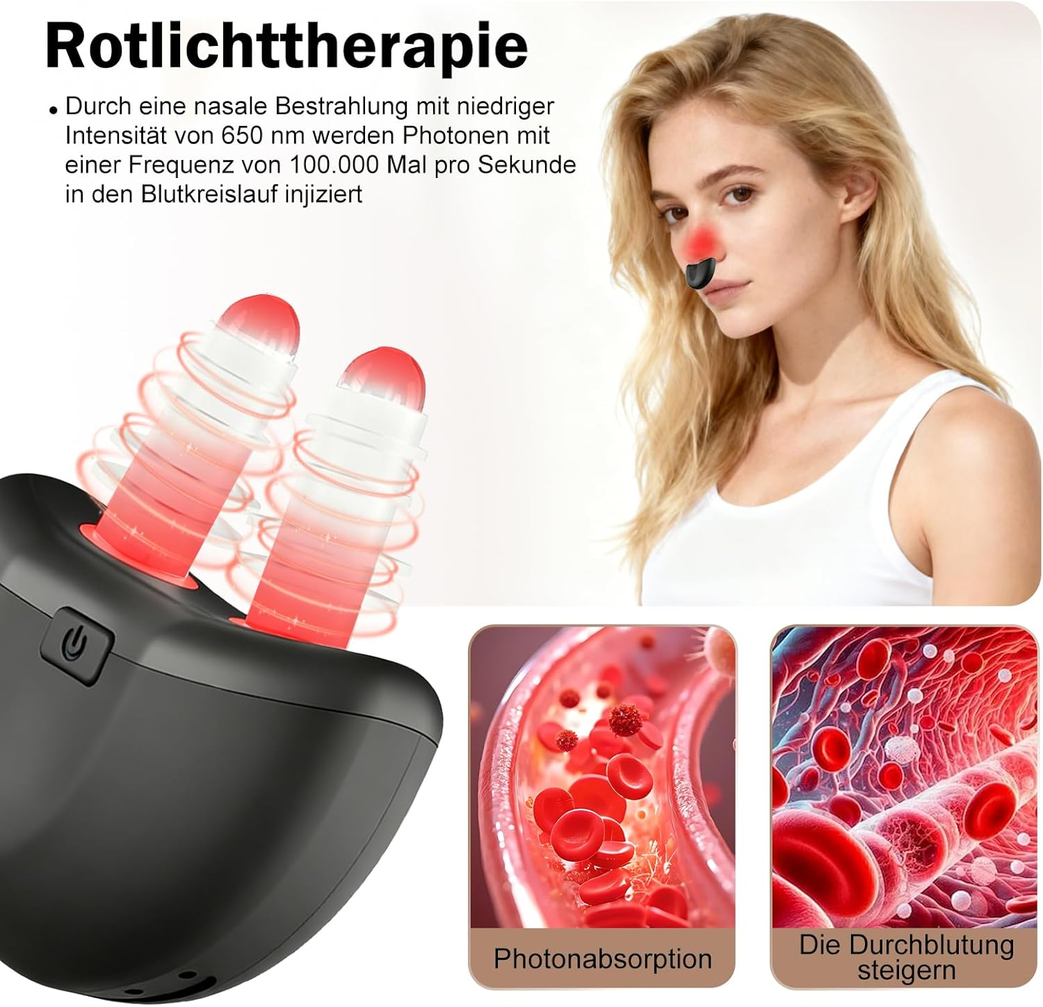 Frau mit Nasenlichttherapiegerät, Nahaufnahmen von Blutgefäßen und roten Blutkörperchen.