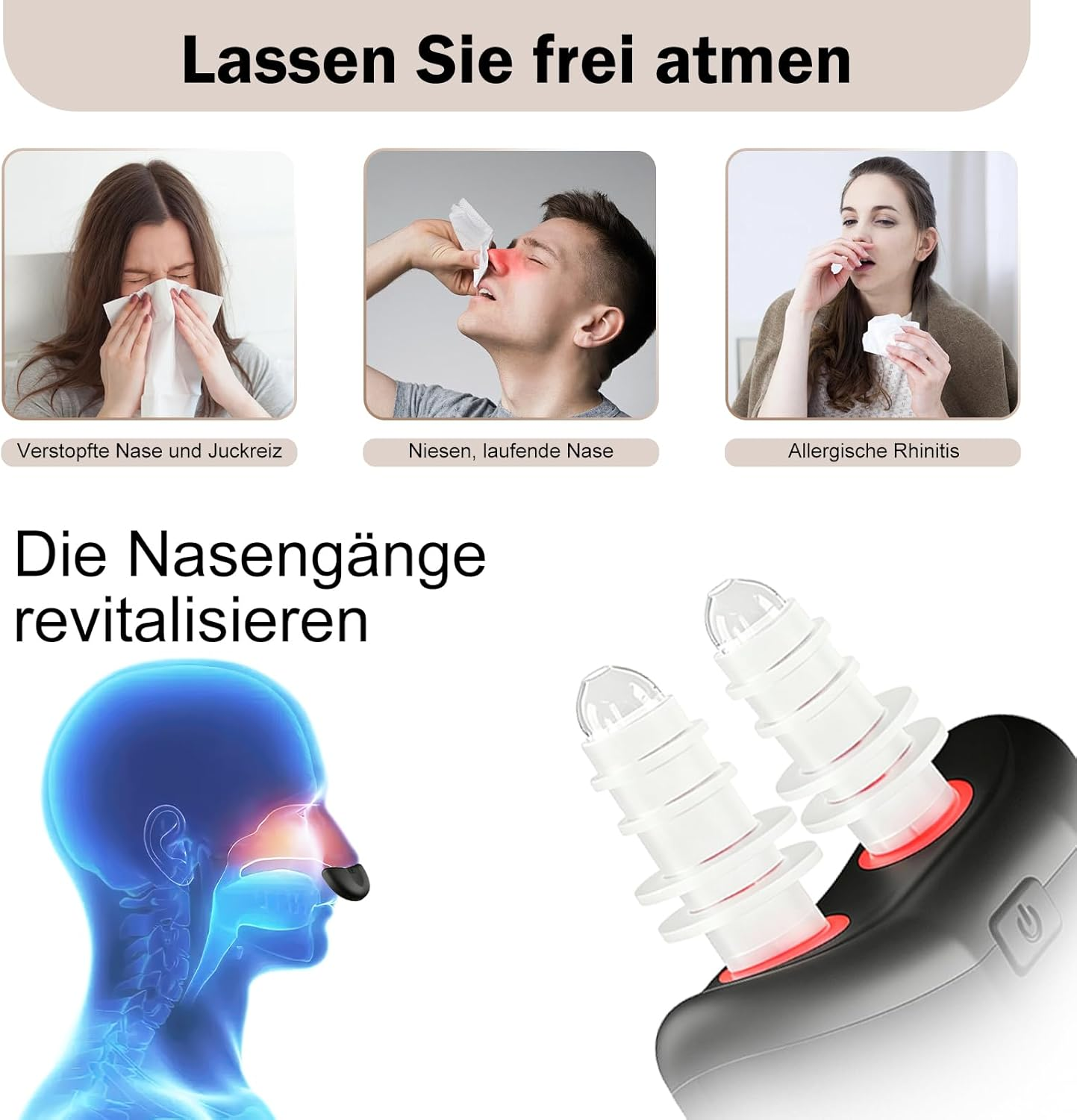 Grafik zeigt Nasenprobleme und ein Gerät zur Nasenpflege.