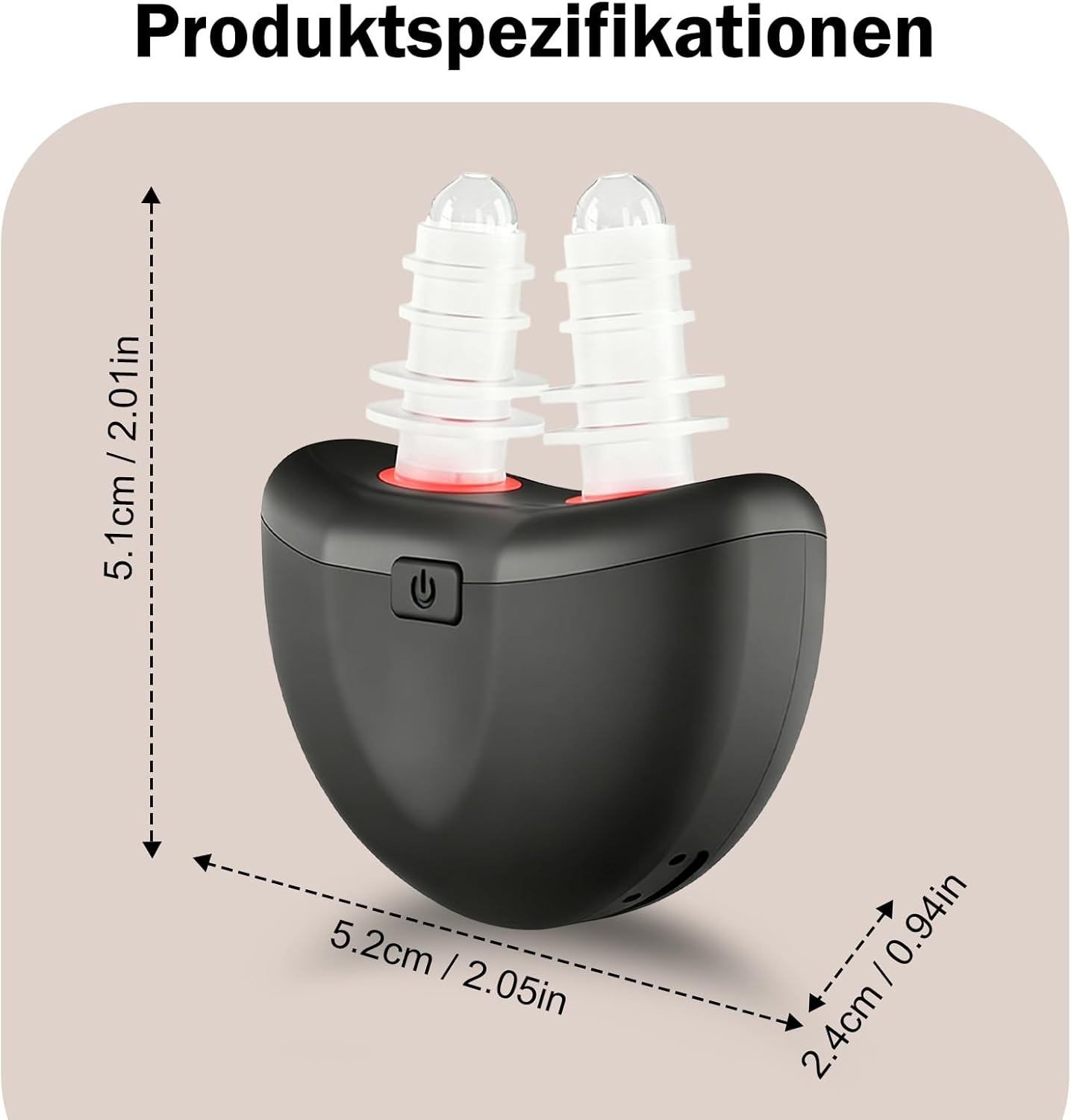 Ein schwarzes Nasenentlastungsgerät mit zwei weißen Nasenaufsätzen und Maßen.