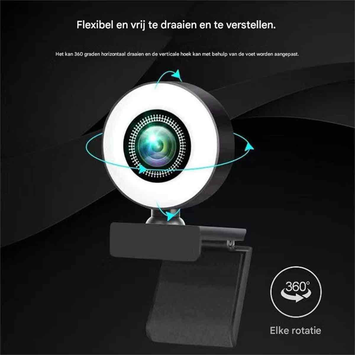 Ein schwenkbarer Webcam mit Ringlicht und 360-Grad-Rotation. Schwarz.