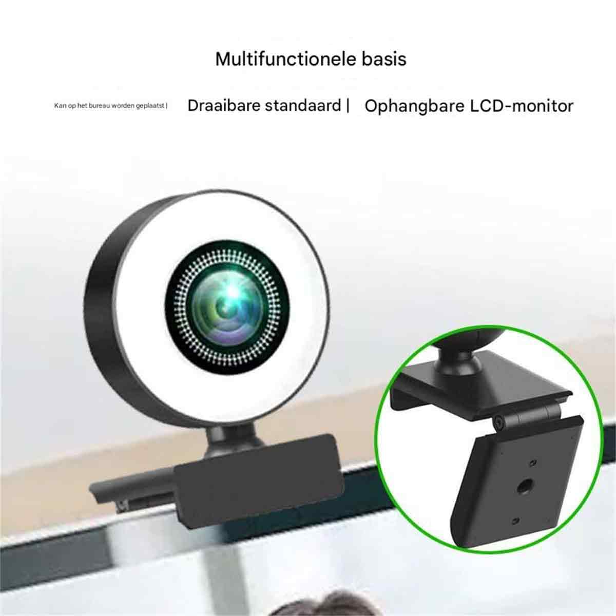 Eine Webcam mit Ringlicht und einer Halterung, die auf einem Schreibtisch montiert oder an einem Monitor befestigt werden kann.
