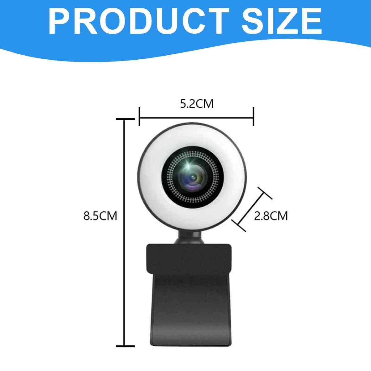 Webcam mit Ringlicht, H=8.5cm, B=5.2cm, T=2.8cm.
