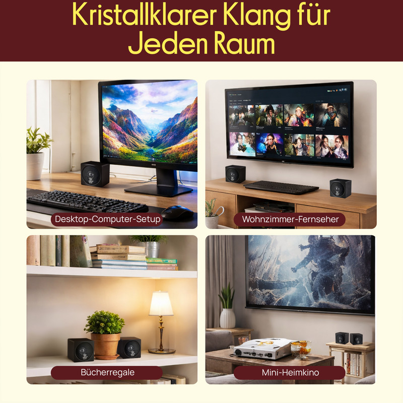 Vier Szenen zeigen Lautsprecher in verschiedenen Umgebungen: Schreibtisch, TV, Regal, Heimkino.