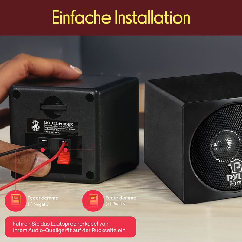 Eine Hand schließt rote und schwarze Lautsprecherkabel an einen schwarzen Pyle-Lautsprecher an. Text zeigt einfache Installation.