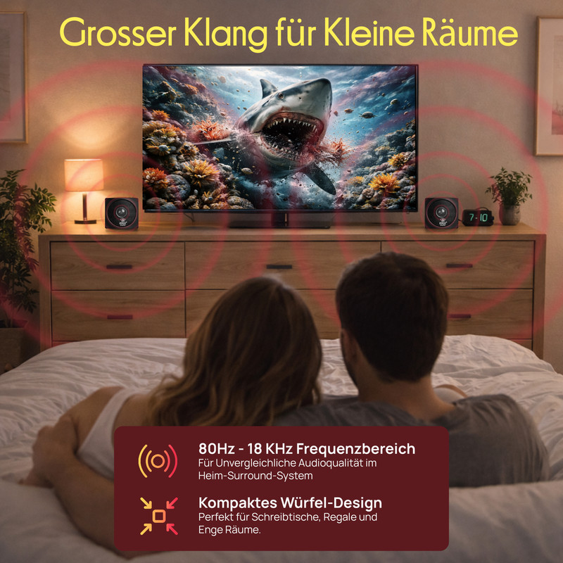 Paar schaut auf Fernseher mit Hai-Bild, zwei kleine Lautsprecher, Text über Klang.