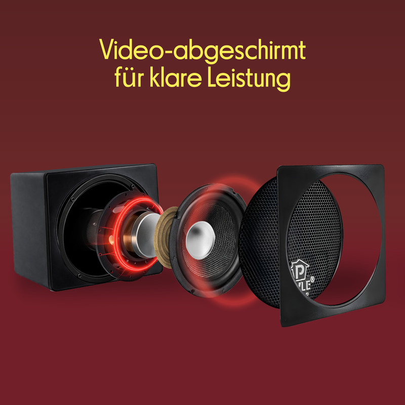 Explodierte Ansicht eines schwarzen Lautsprechers mit roten Lichteffekten.