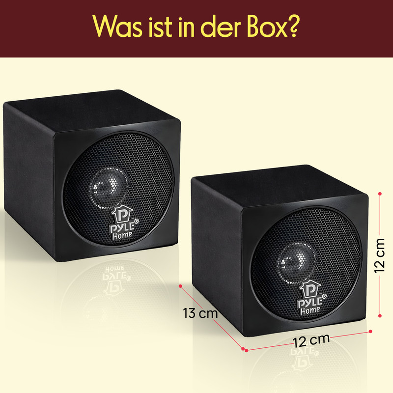 Zwei schwarze Pyle Home Lautsprecher, 12x12x13 cm, mit runden Gittern.