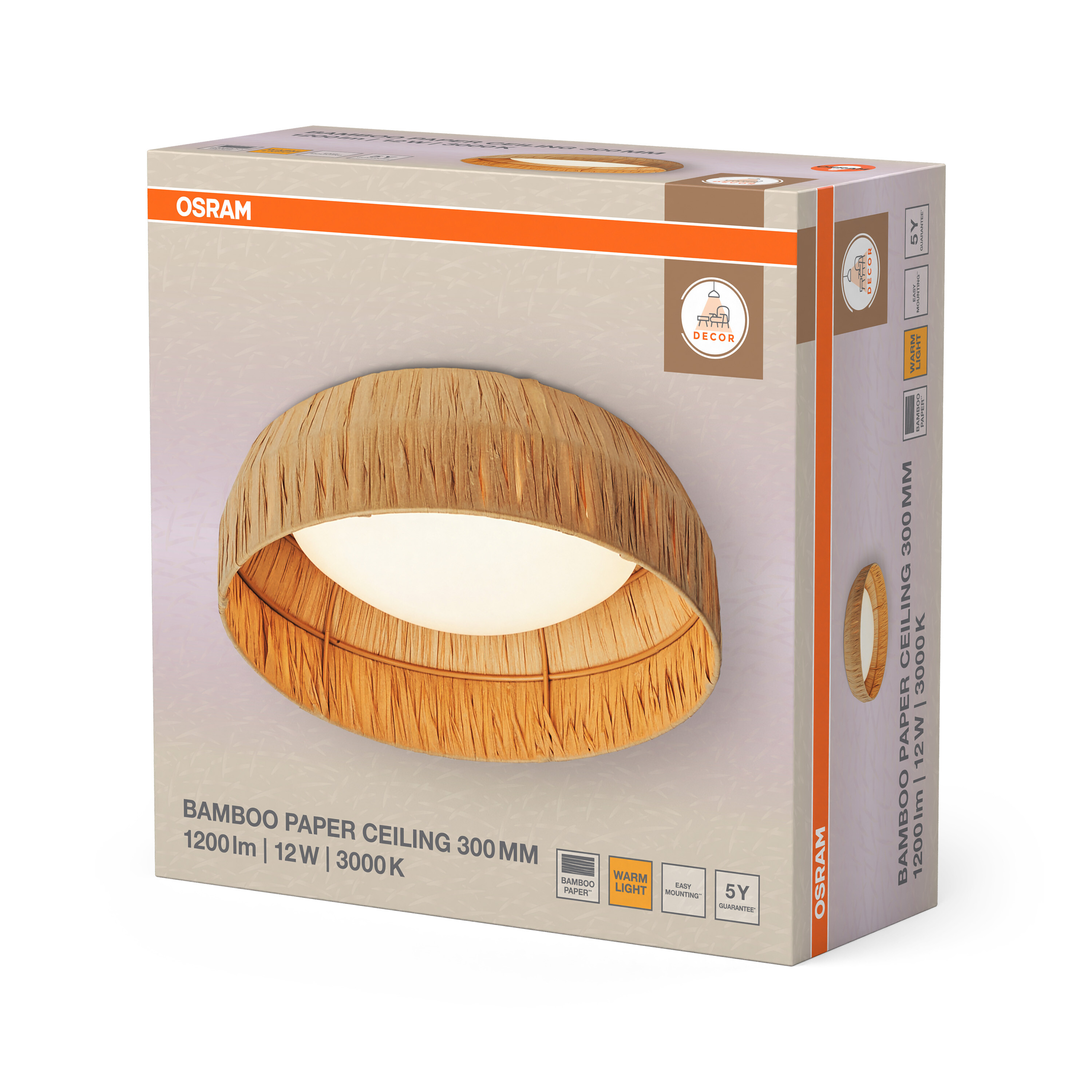 Osram Deckenleuchte mit Bambuspapier-Schirm, 300mm, 1200lm, 12W, 3000K.