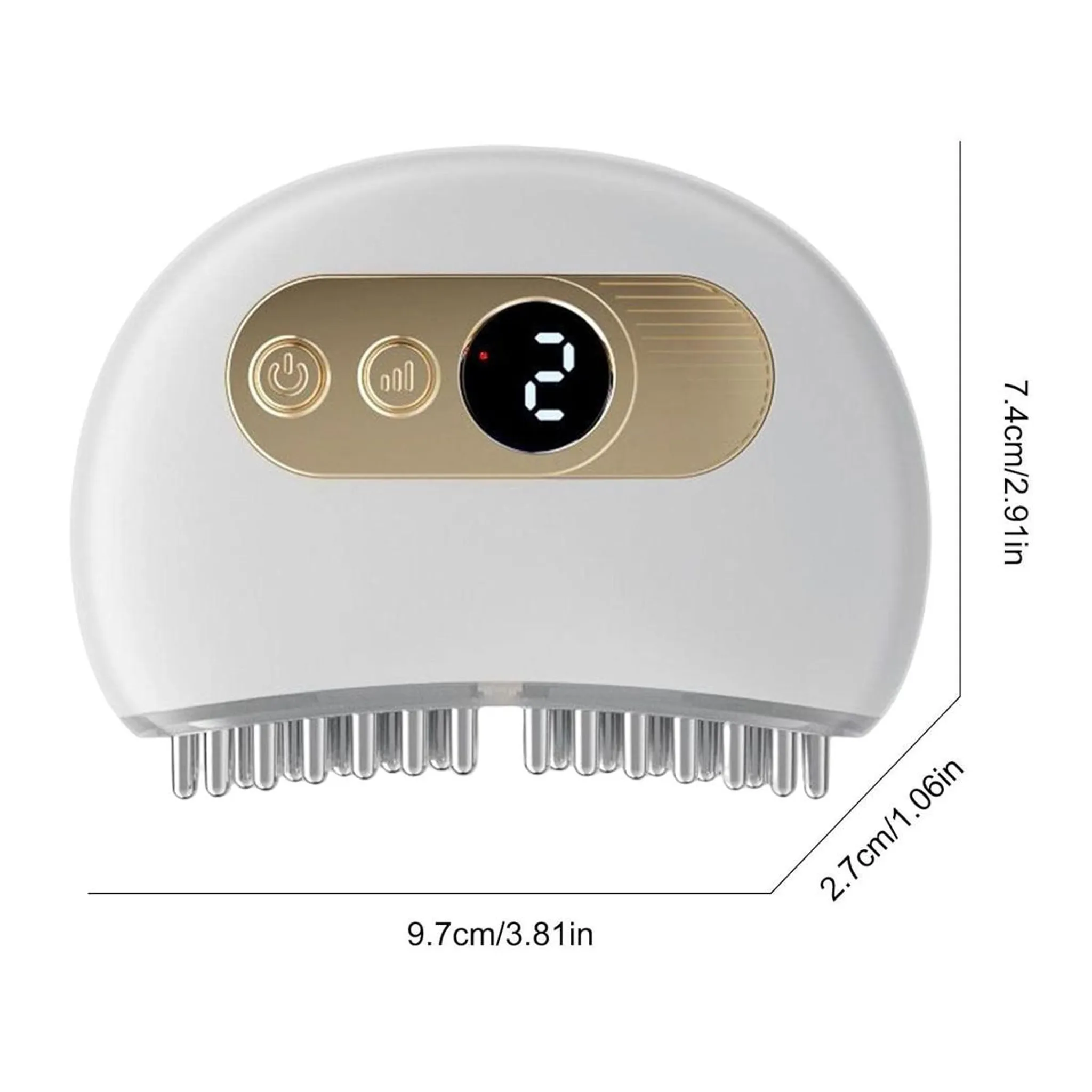 Weißer elektrischer Kopfhautmassagegerät mit goldenen Akzenten und digitaler Anzeige (2).
