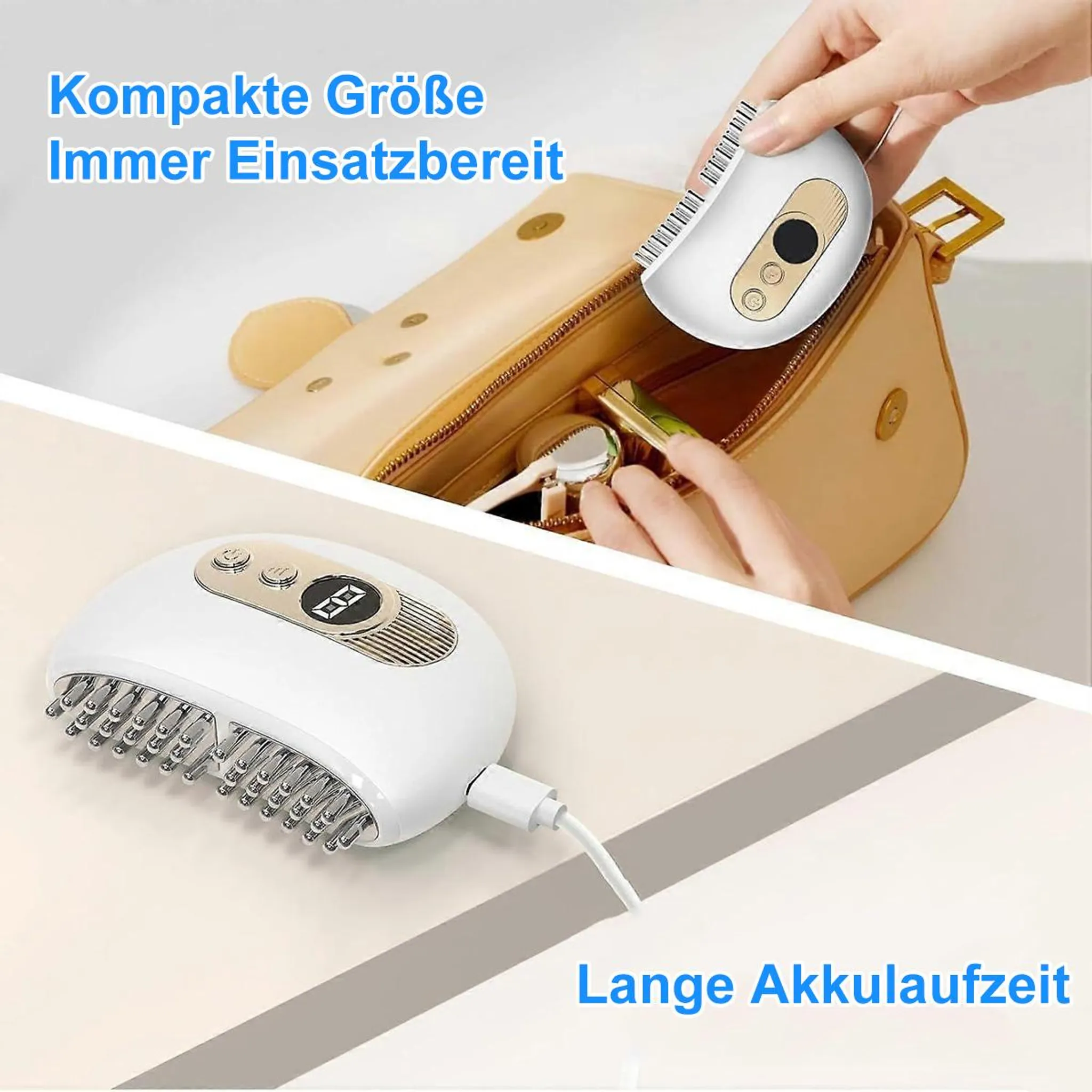 Ein weißes Massagegerät mit Metallstiften wird in eine beigefarbene Tasche gelegt.