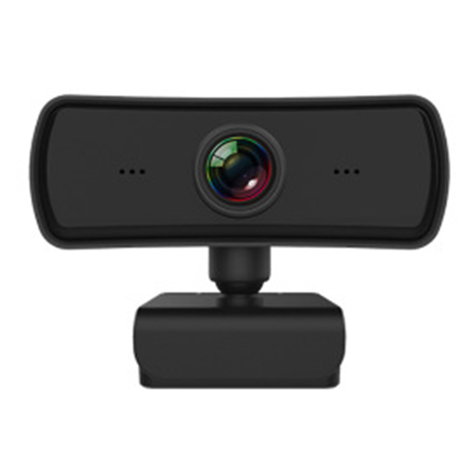 Eine schwarze Webcam mit einem runden Objektiv und einem Ständer.