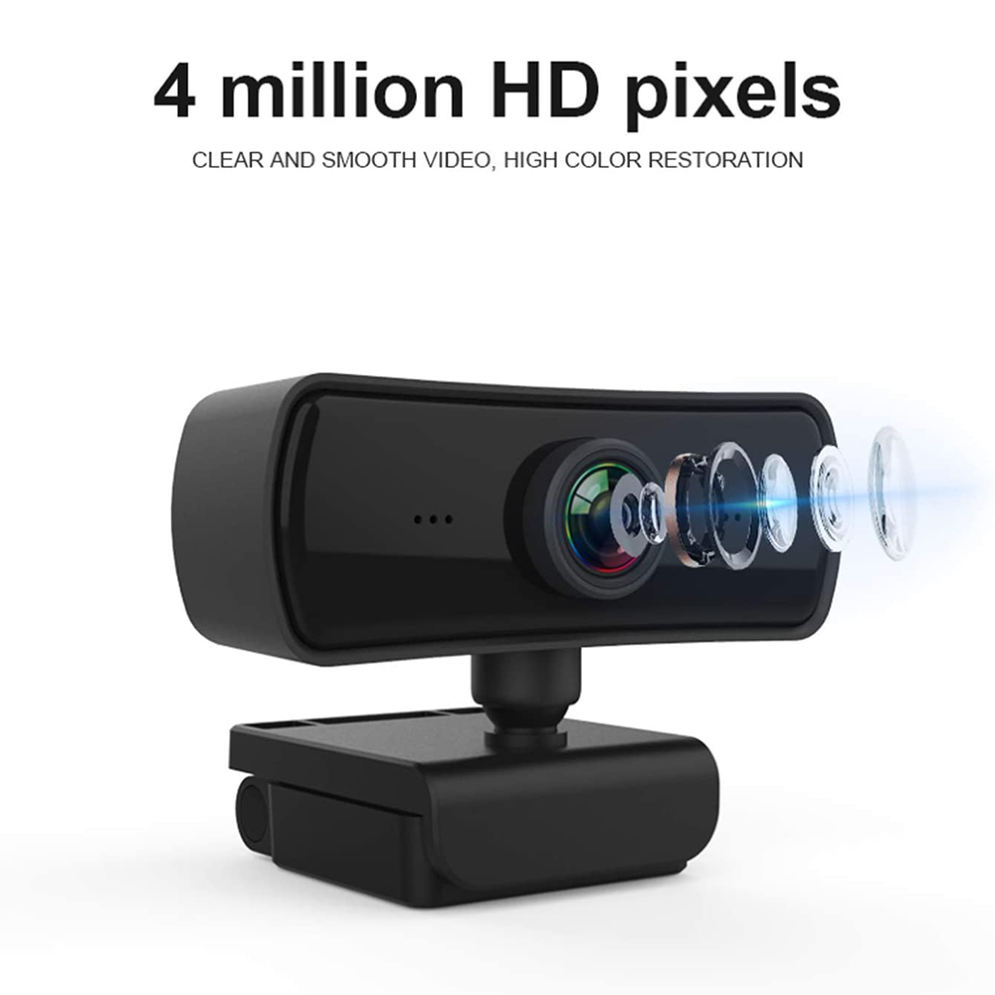 Eine schwarze Webcam mit geöffneter Linsenoptik und Text über 4 Millionen HD-Pixel.