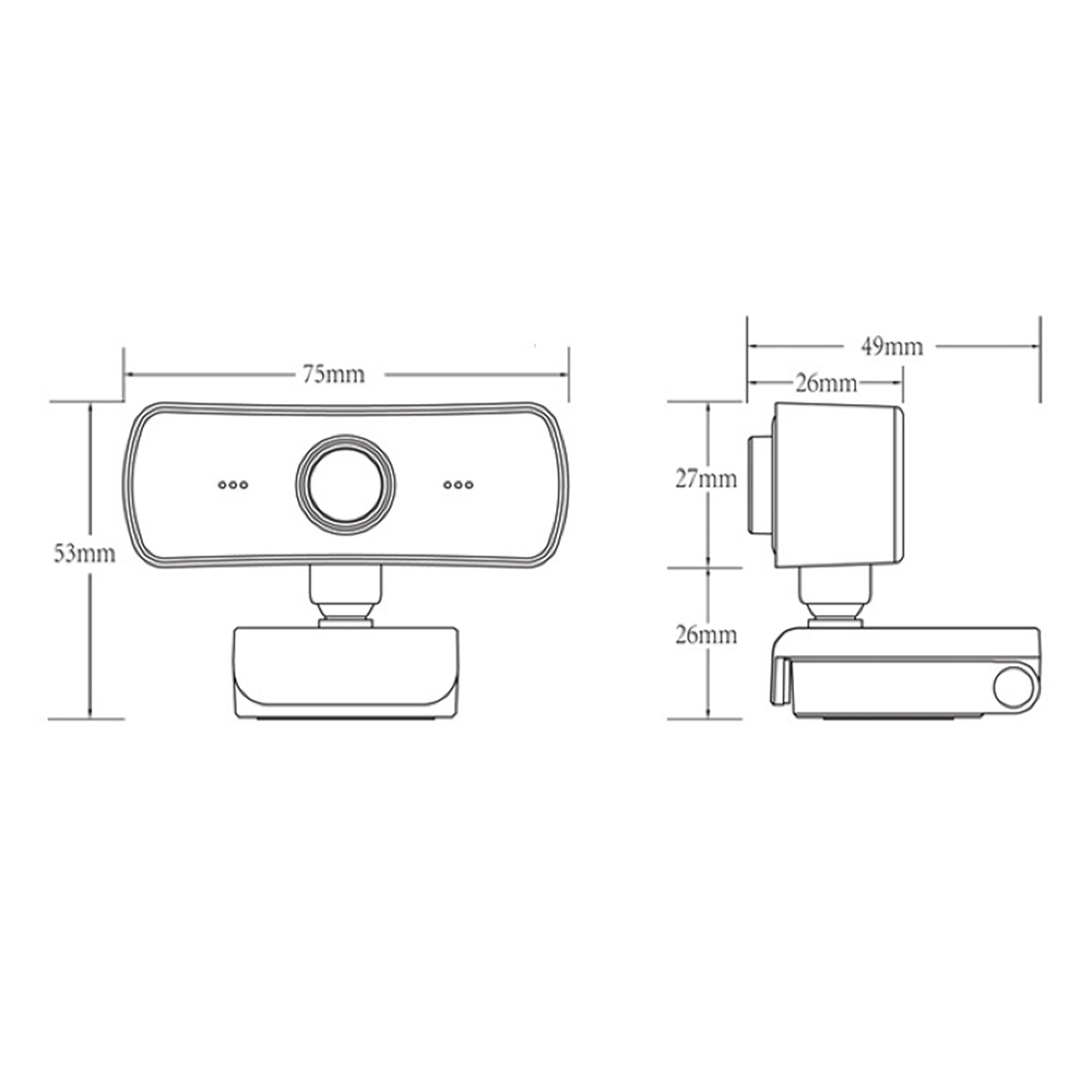 Technische Zeichnung einer Webcam mit Maßen: 75mm Breite, 53mm Höhe, 49mm Tiefe.