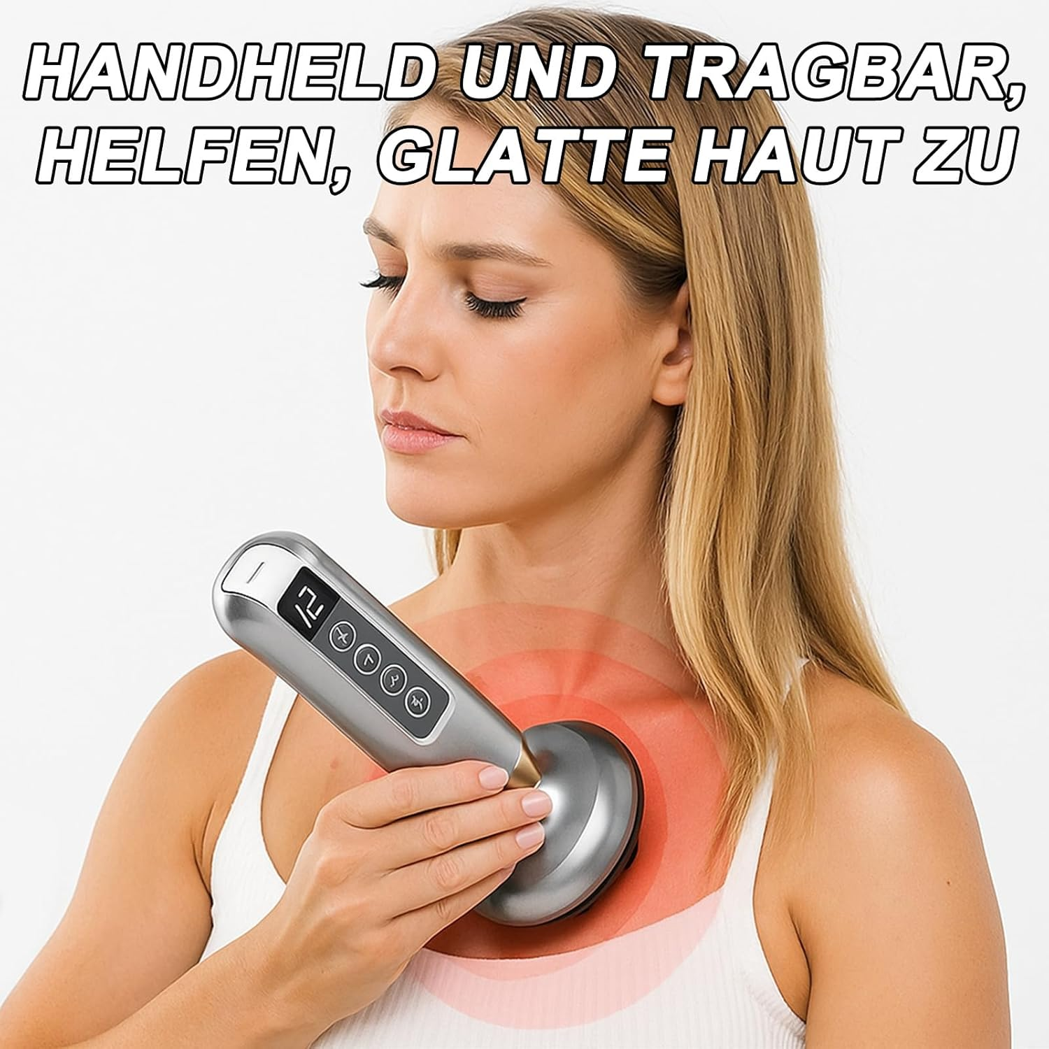 Frau hält ein silbernes Gerät mit Display und Knöpfen am Hals.