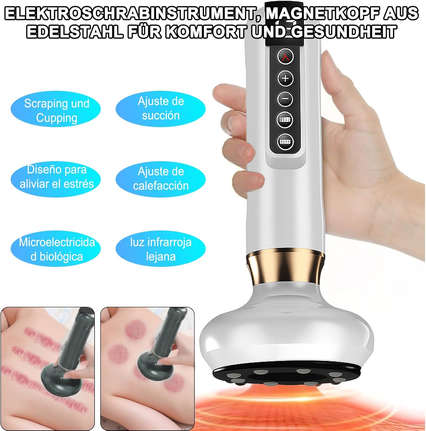 Ein Massagegerät mit verschiedenen Aufsätzen und Bedienelementen.