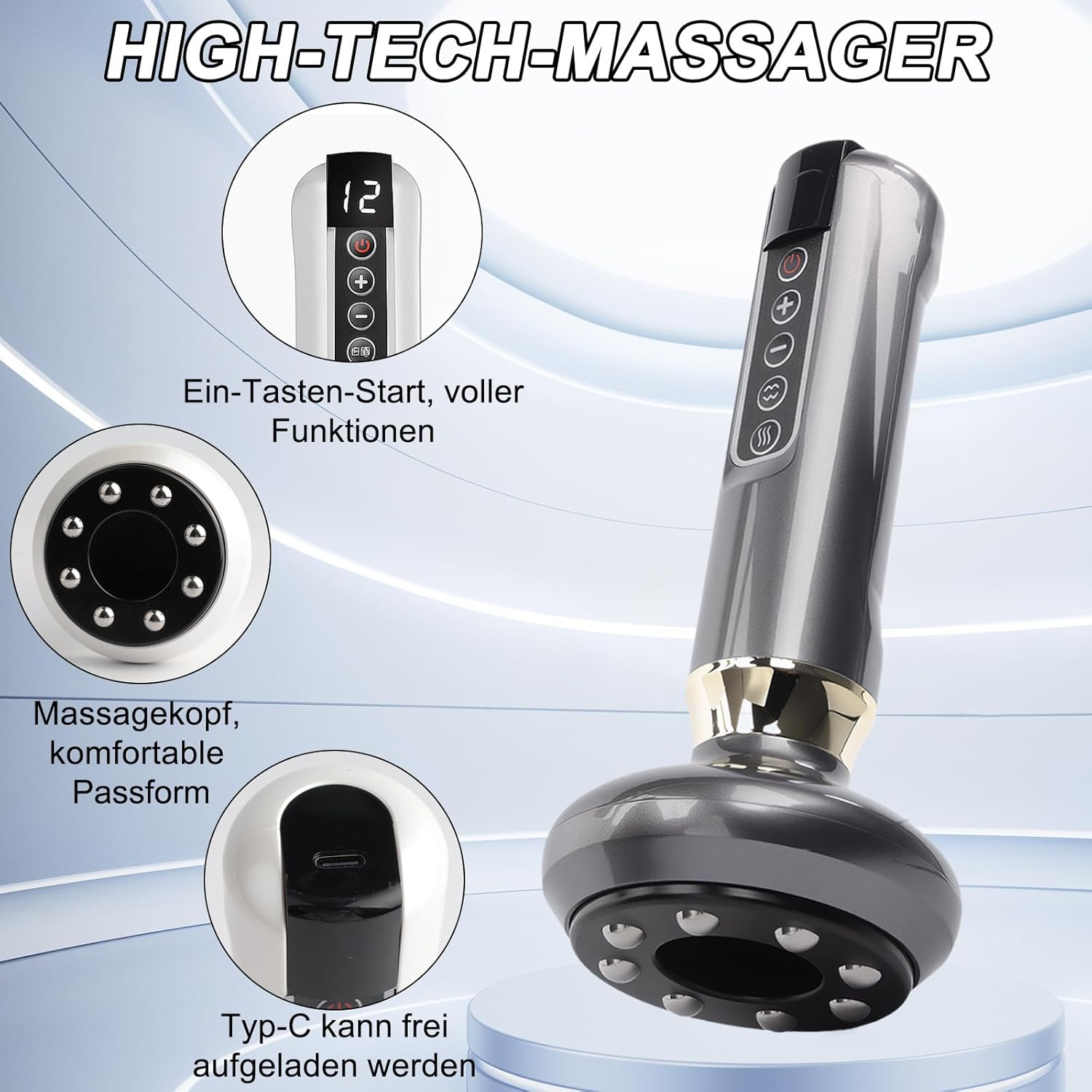 Grauer Hightech-Massager mit Massagekopf und Ladeanschluss.