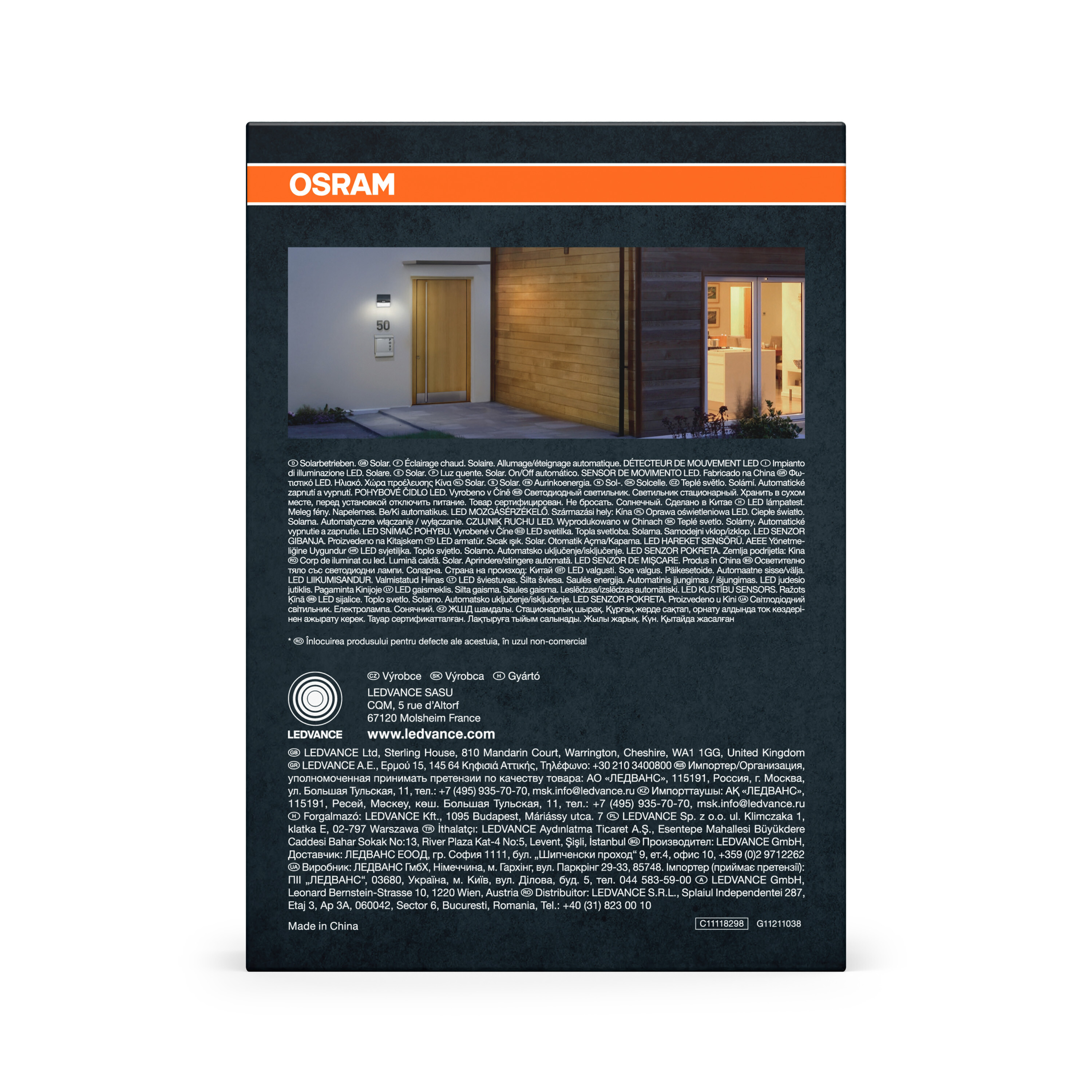 OSRAM Logo über detaillierten Produktinformationen und Kontaktdaten.