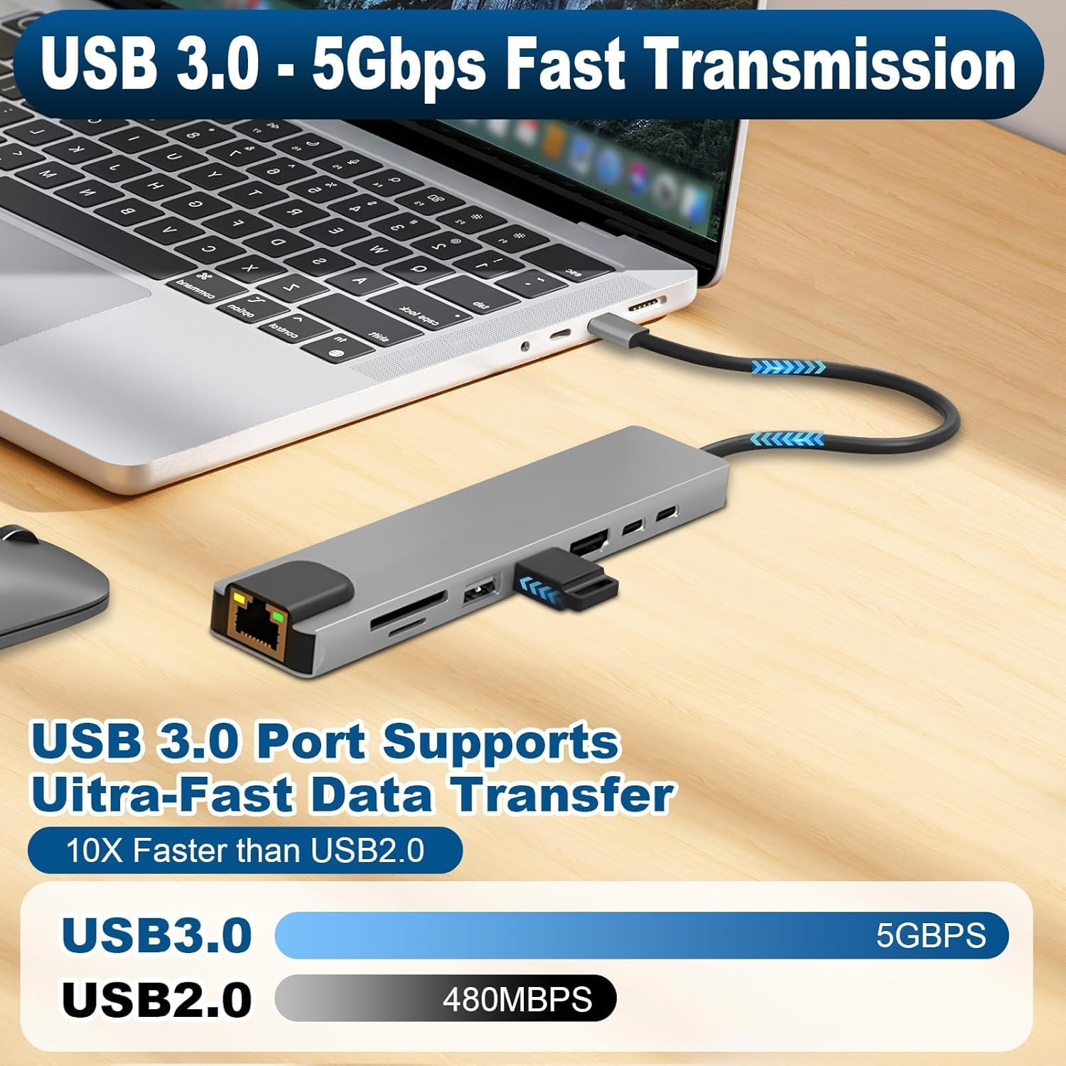 Silberne USB-Hub, die an einen Laptop angeschlossen ist, zeigt Anschlüsse u. Geschw.-Vergl.