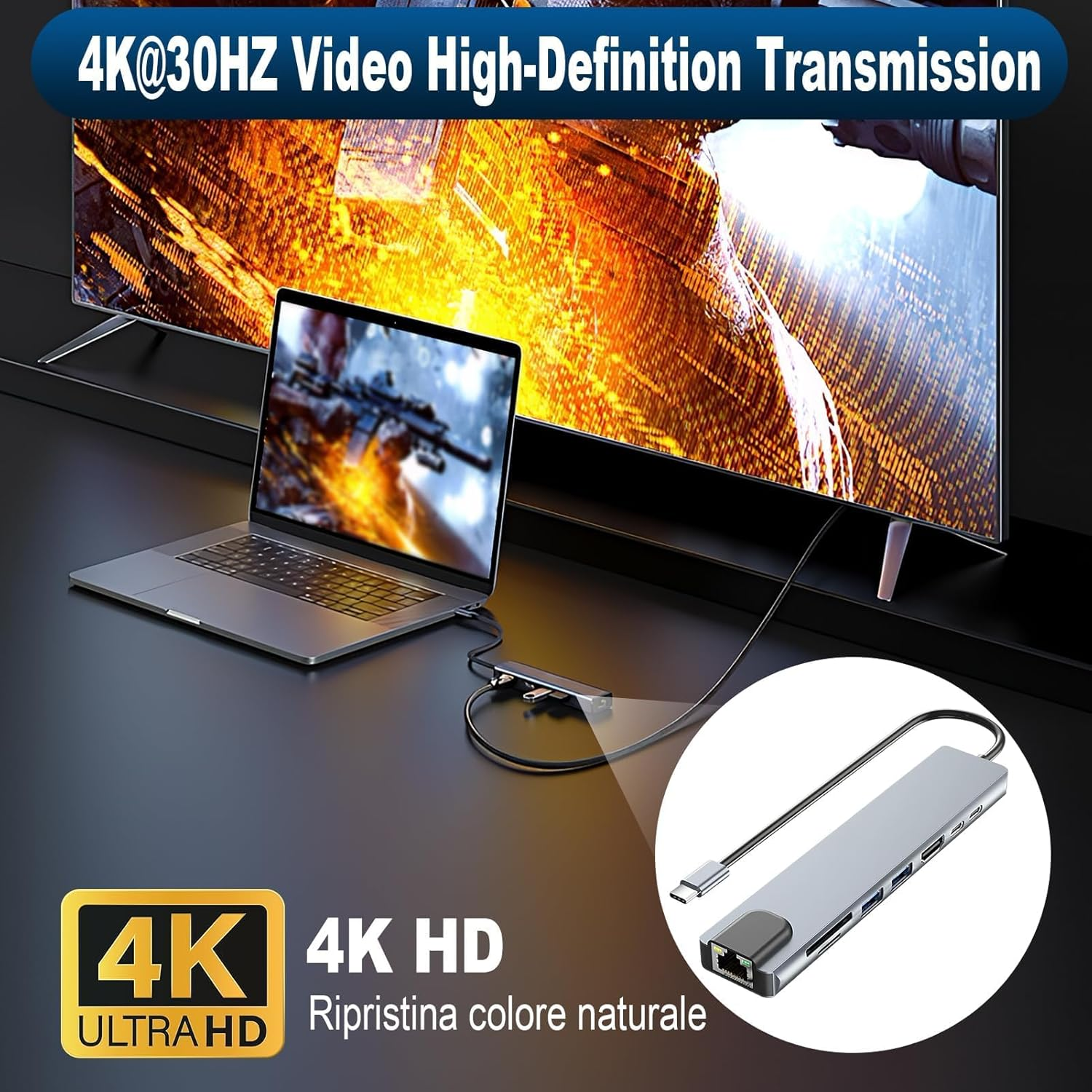 Ein Laptop ist über einen USB-C-Hub mit einem 4K-Fernseher verbunden.
