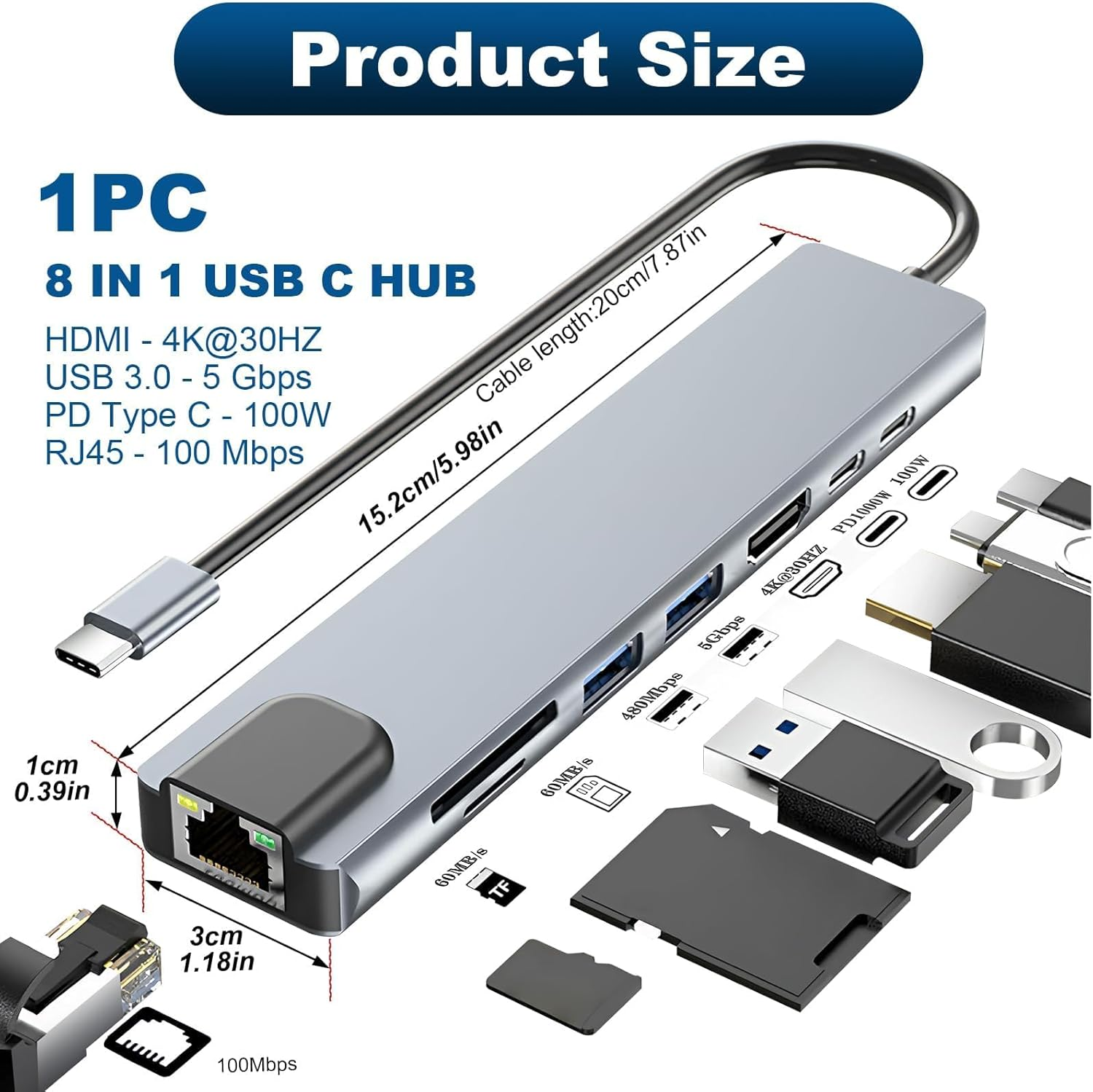 Silberner 8-in-1 USB-C-Hub mit HDMI, USB 3.0, PD, RJ45, SD-Kartenslots. Inkl. Kabel.