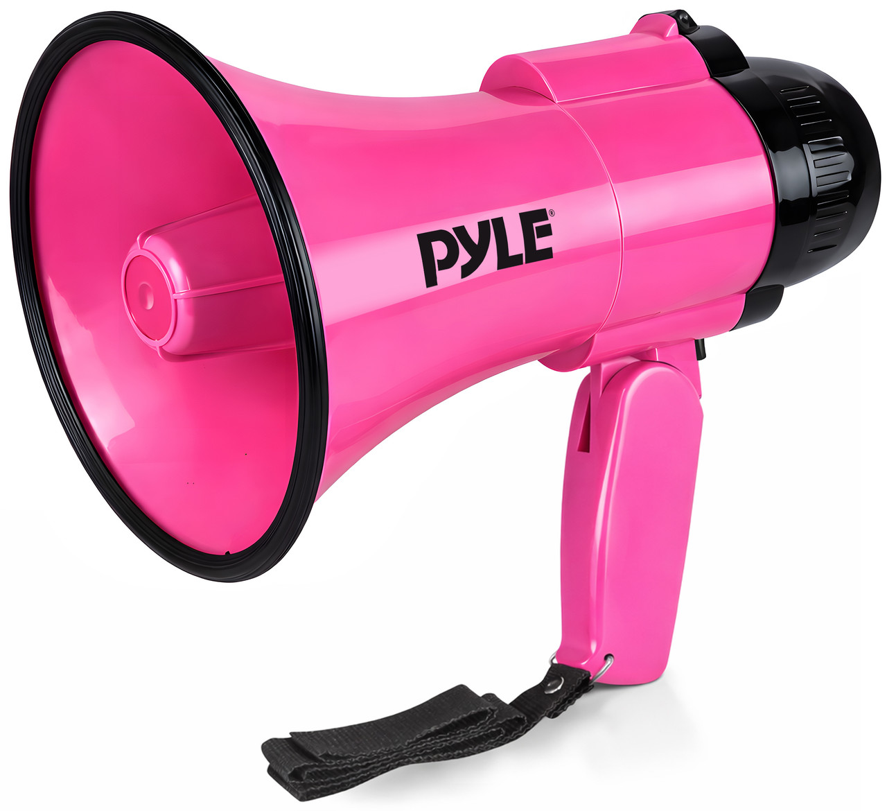 Eine leuchtend pinke Megafon mit schwarzem Rand und Griff.