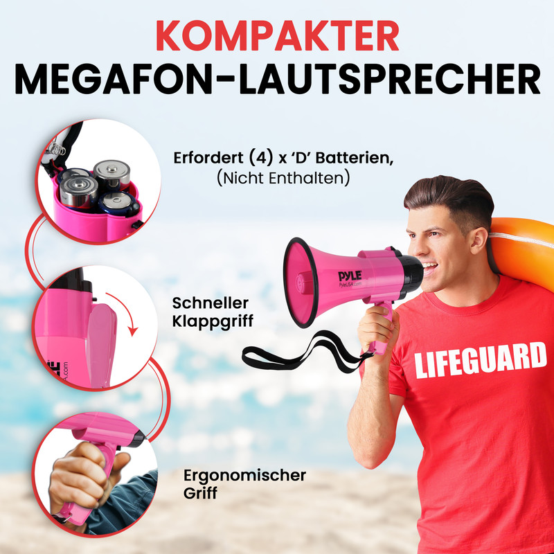 Mann mit Megafon und Rettungsring, der auf Strandhintergrund hinweist.