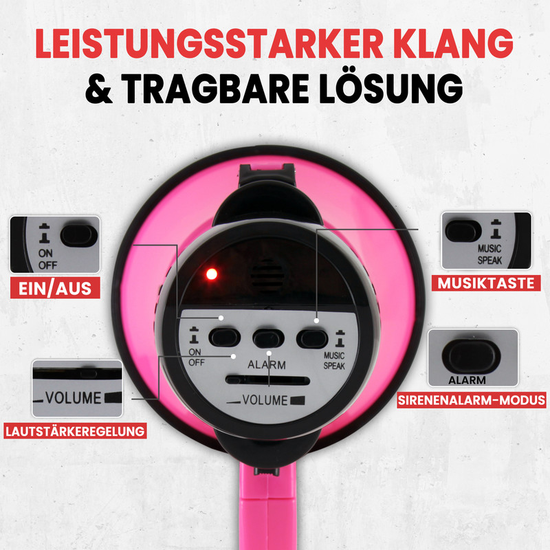 Megafon mit Bedienelementen: Lautstärke, Alarm, Musik, Ein/Aus.