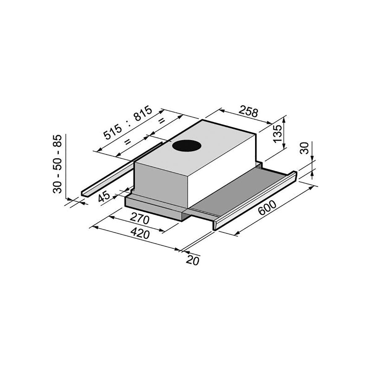Disegno tecnico con dimensioni di un modulo cappa.