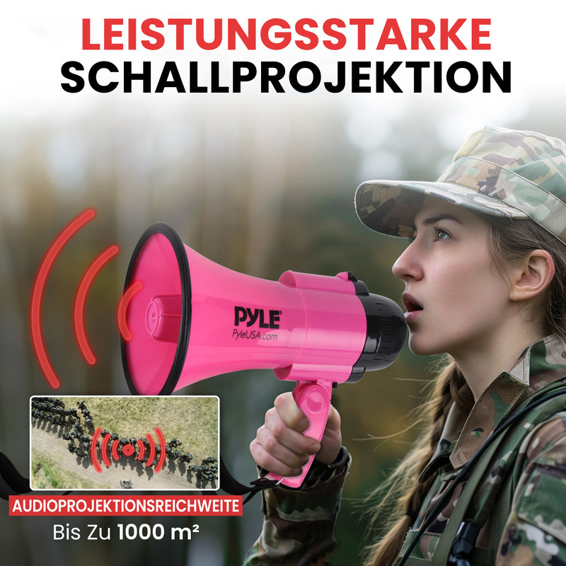 Frau mit Megafon, das eine Gruppe von Soldaten zeigt, Reichweite bis 1000 m².