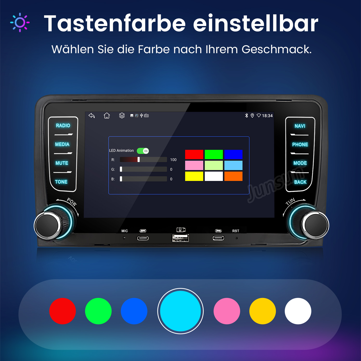 Ein Autoradio-Bildschirm zeigt anpassbare Tastenfarben mit Farbauswahl.