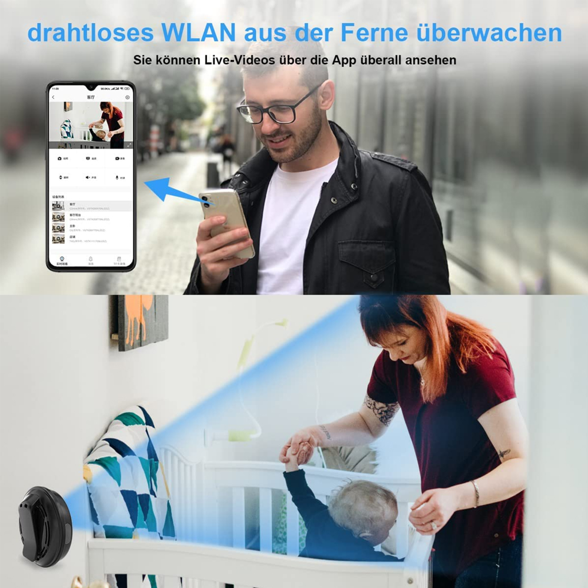 Mann schaut auf Handy, Baby im Bett mit Babyfon und Frau.