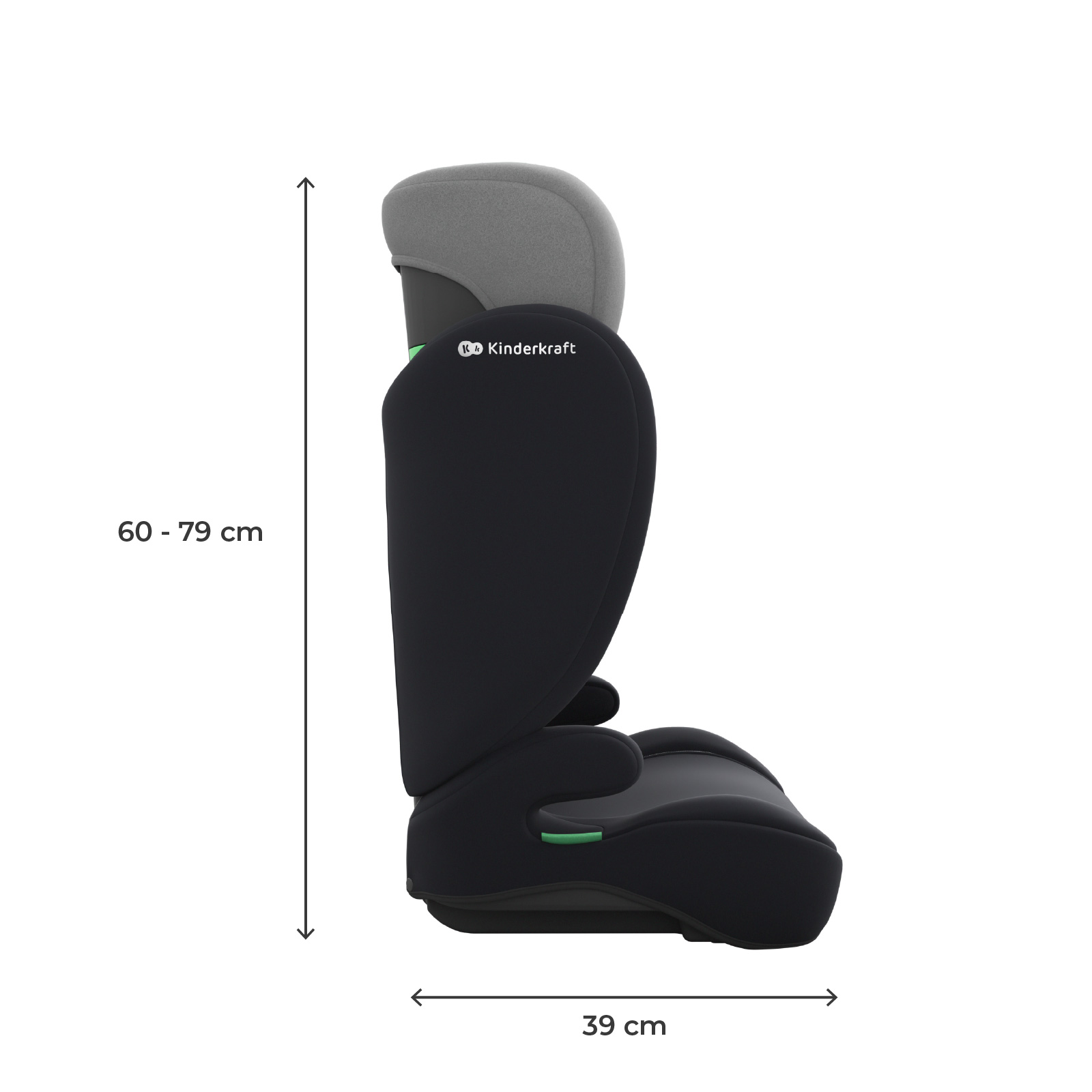 Schwarzer Kindersitz mit grauer Kopfstütze, 60-79 cm hoch, 39 cm breit.