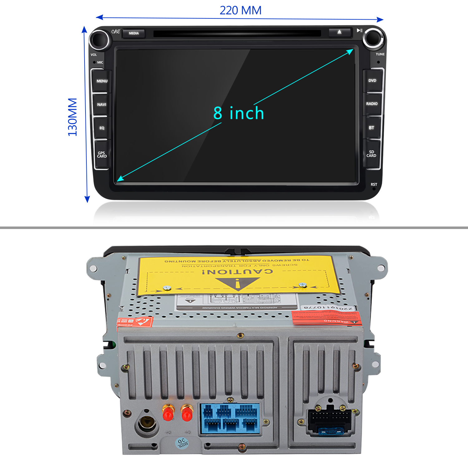 Ein 8-Zoll-Infotainment-System mit Vorder- und Rückansicht. Maße: 220x130mm.