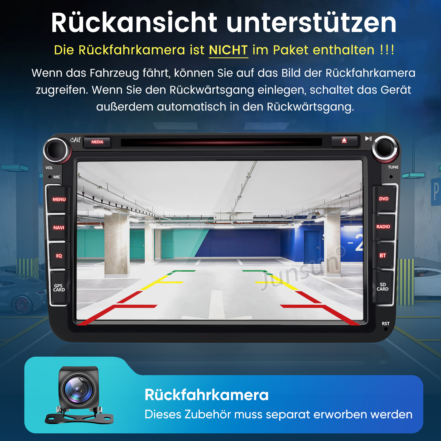Ein Autoradio zeigt eine Parkhauseinfahrt mit Hilfslinien und eine Rückfahrkamera.