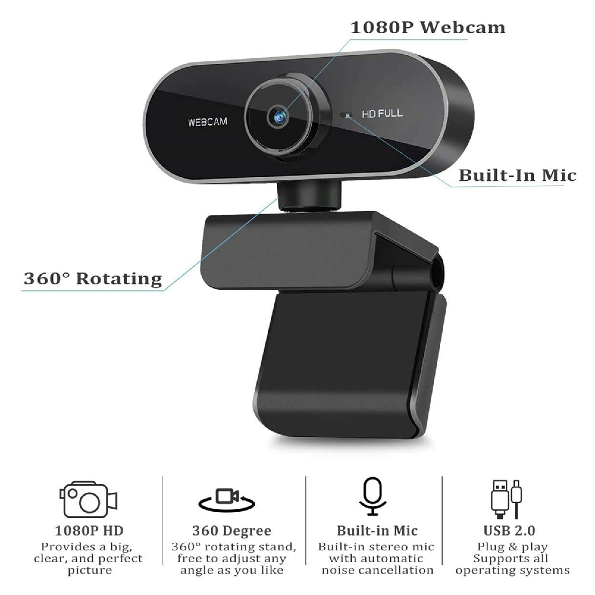Schwarzes 1080P-Webcam mit integriertem Mikrofon und 360°-Schwenkarm.