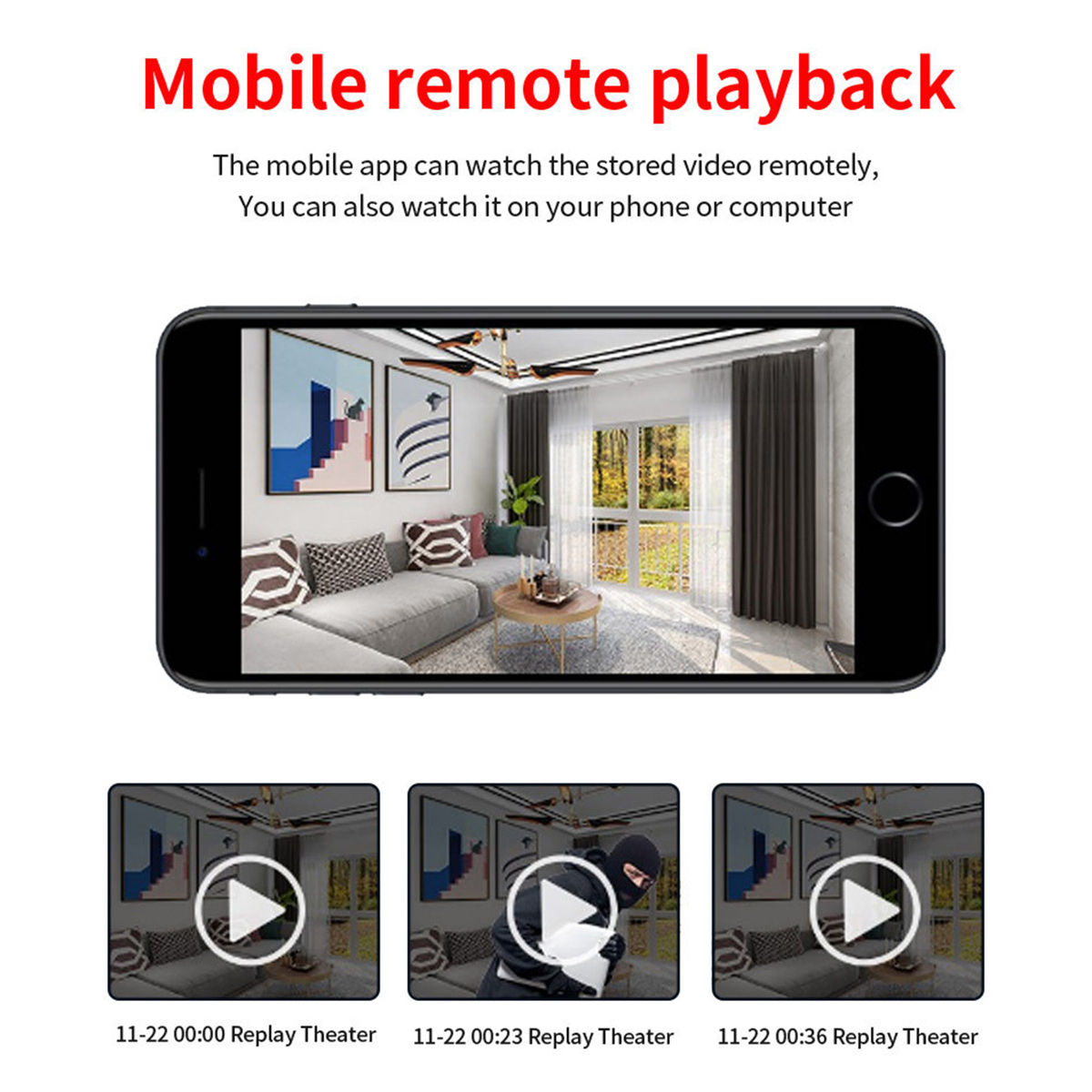 Smartphone zeigt Wohnzimmer-Aufnahmen mit Einbrecher-Vorschau.