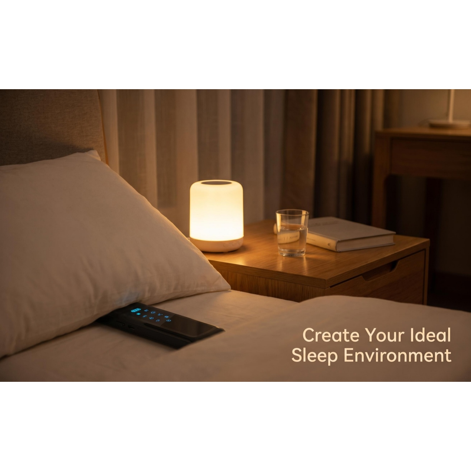 Nachttischlampe, Telefon und Glas Wasser auf Nachttisch neben Bett.
